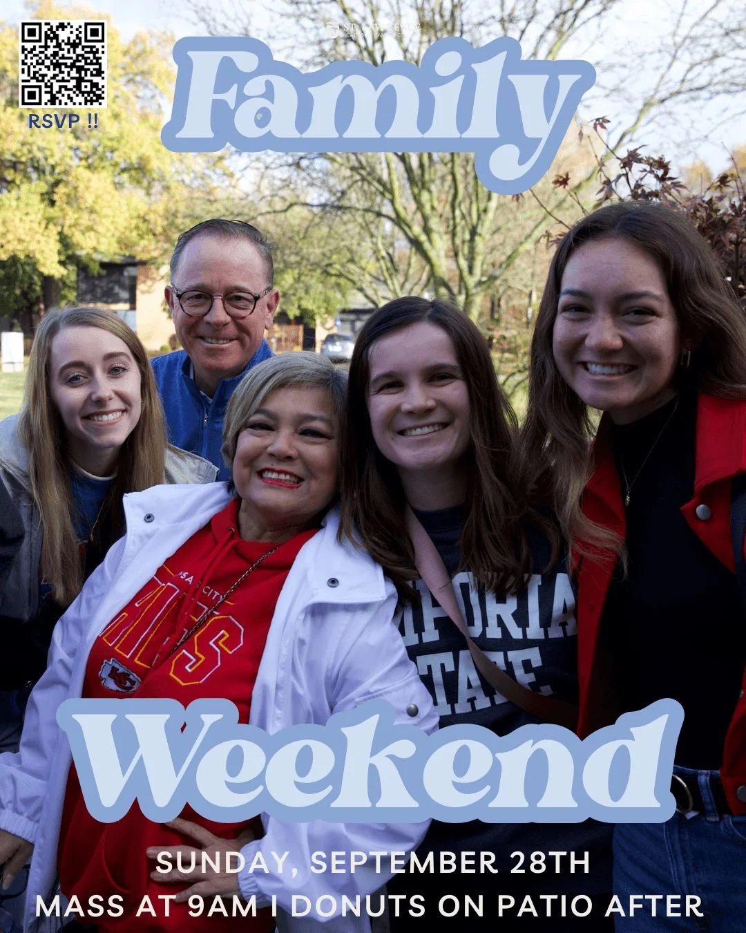 👪 Family is everything! Join us for Family Weekend  on Sunday, September 28th. Celebrate Mass with us at 9 AM and enjoy coffee and donuts on the patio afterward. We can't wait to see you there! Register with QR Code on the picture or in the link in 
