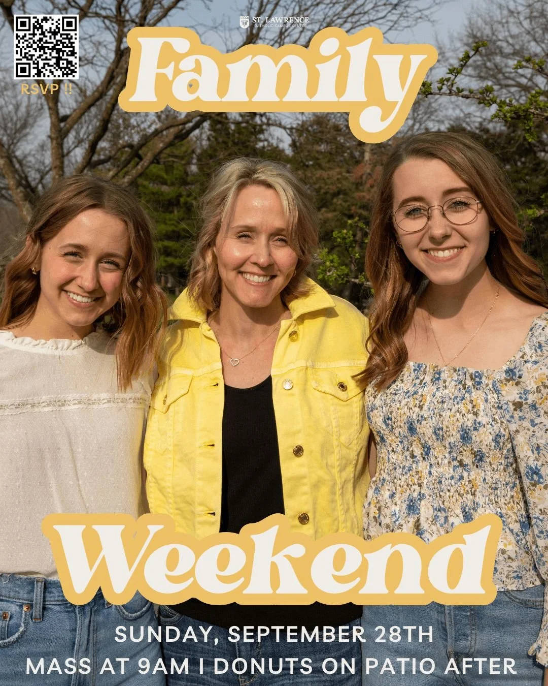 👪 Family is everything! Join us for Family Weekend on Sunday, September 28th. Celebrate Mass with us at 9 AM and enjoy coffee and donuts on the patio afterward. We can't wait to see you there! Register with QR Code on the picture or on the link in o