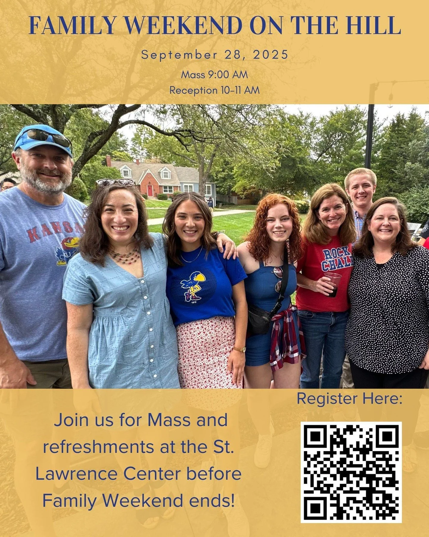 Join us for Family Weekend on Sunday, September 28th. Celebrate Mass with us at 9 AM and enjoy coffee and donuts on the patio afterward. We can't wait to see you there! Register with the QR Code on the picture or in the link in our bio. #KUCatholic #