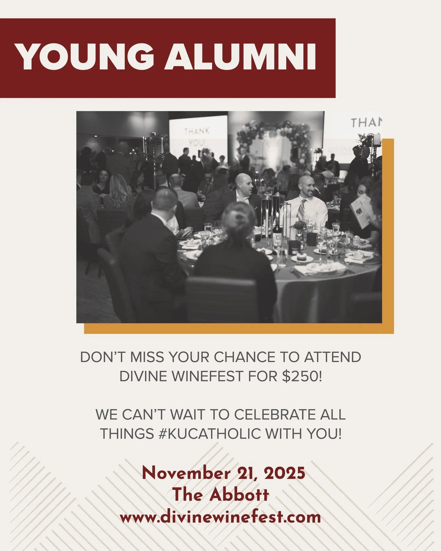 🍷 Young alumni&mdash;this one&rsquo;s for you! Divine Winefest 2025 tickets are just $250, a special discounted rate that lets you enjoy an incredible night while giving back to the St. Lawrence Center.

#KUCatholic #YoungAlumni #DivineWinefest