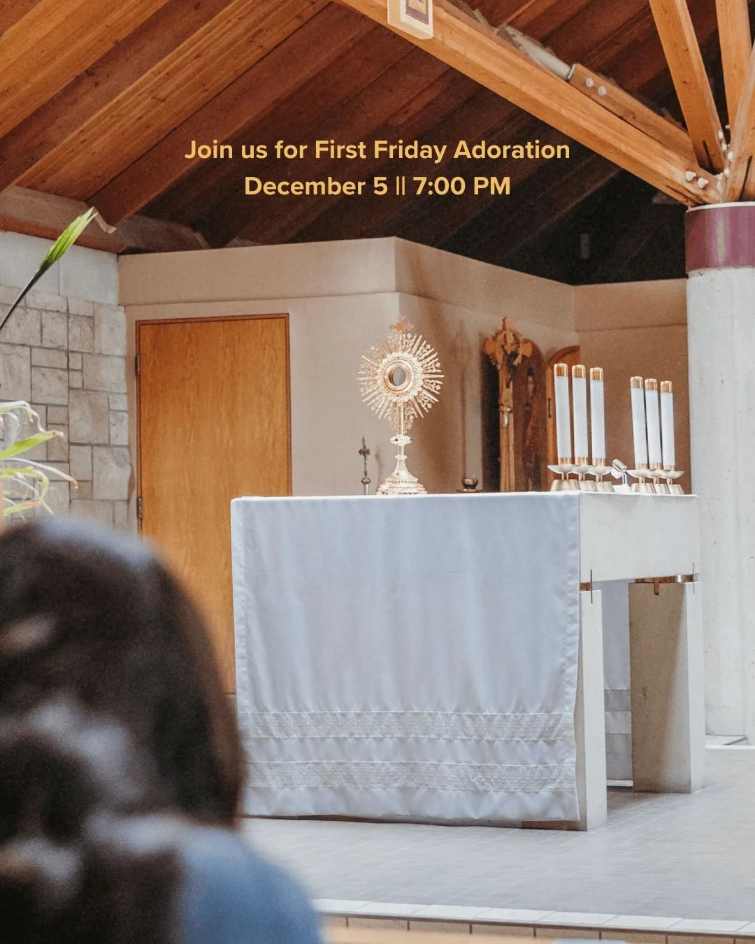 Help us kick off the month of December by spending time with Jesus tomorrow night. Join us on December 5th at 7:00 pm in the St. Lawrence Chapel for First Friday Adoration. We'll see you there!