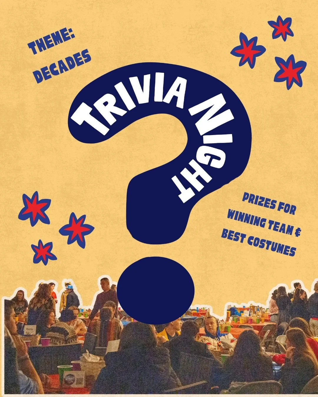 Join us Friday, February 2nd at 7:00pm for our annual Trivia Night!

Trivia night is BACK, and the theme this year is decades!  Come dressed as your favorite decade, anytime from BC to present. Don't be afraid to get creative! We'll have prizes and f
