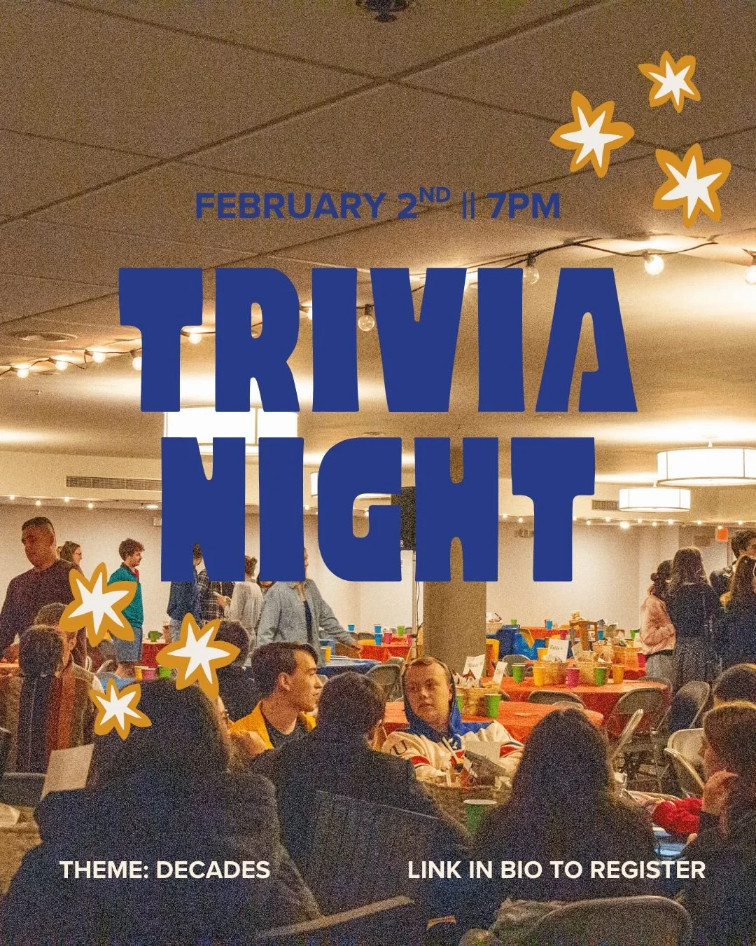From ancient times to the 2000s, Trivia Night is going through the decades! ✨ Dress the part, decorate your table, and come ready to compete! 

Spots fill fast, so sign up before we're full! 

📅 February 2 at 7PM
🍽️ Free food + drinks (21+)
🏆 $400