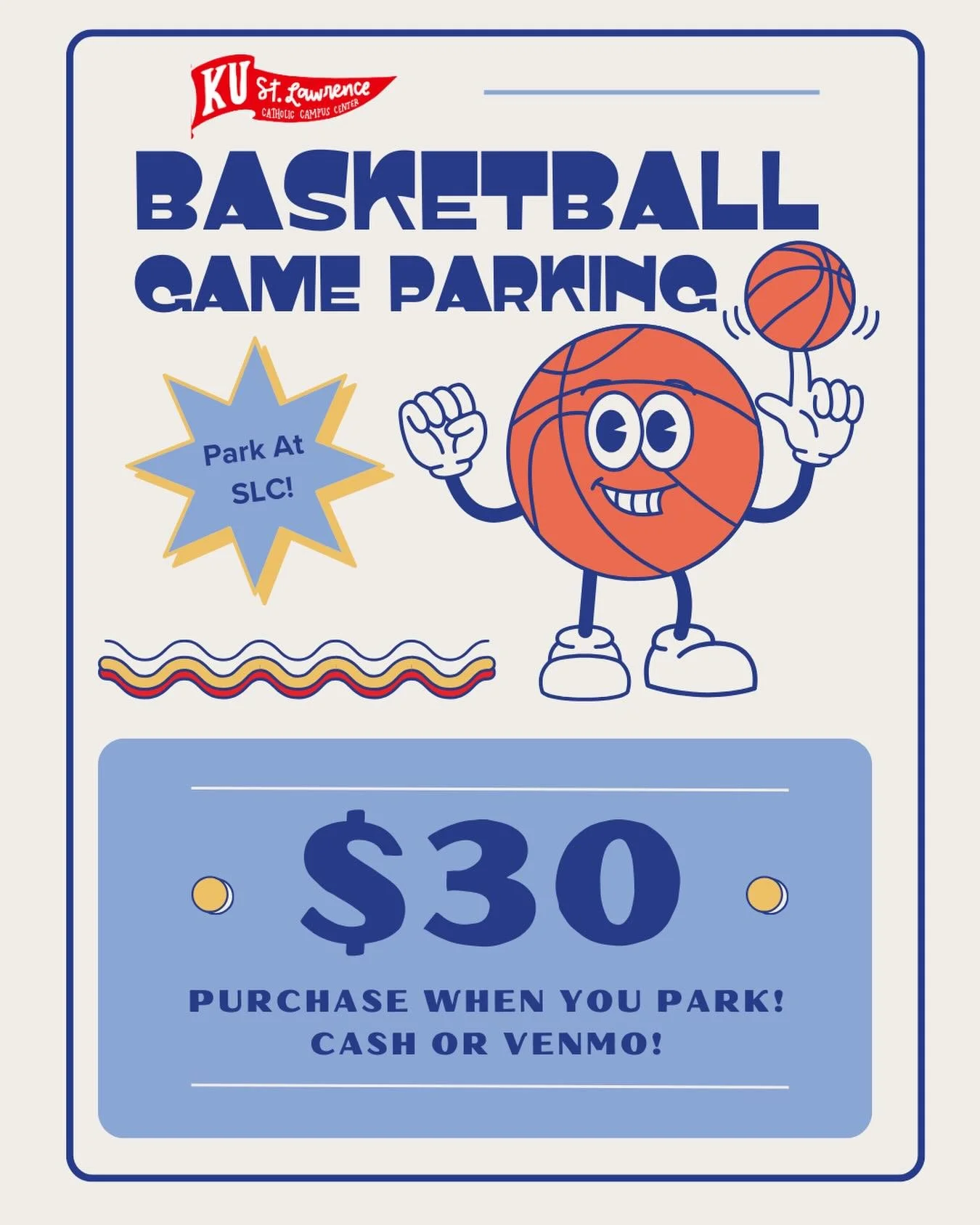 Cheering on the Jayhawks against BYU this weekend? We have covered parking available at the St. Lawrence Center! It's only a 5 minute walk and proceeds support the center. Rock Chalk!