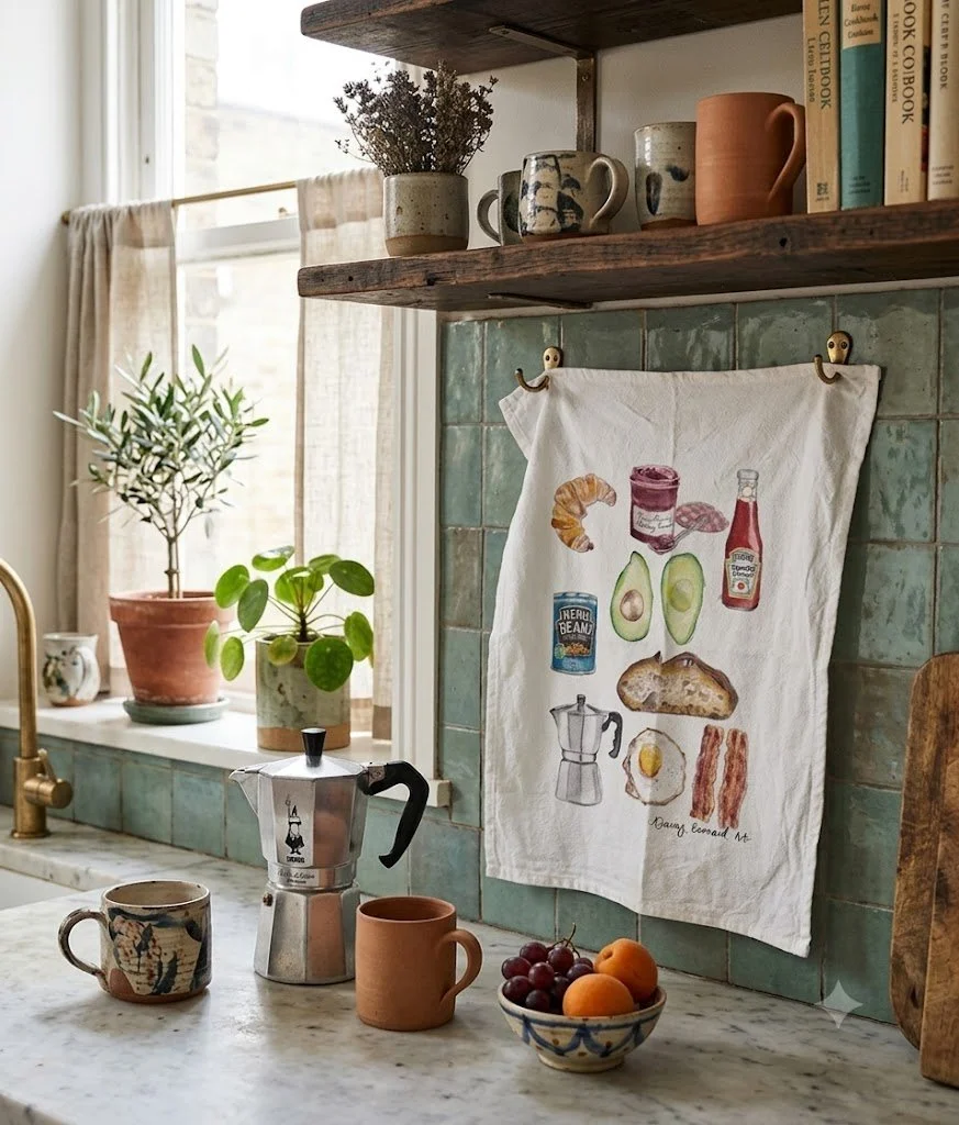 ‘Lazy Breakfast’ Illustrated Cotton Tea Towel | Hand-Painted Kitchen Decor