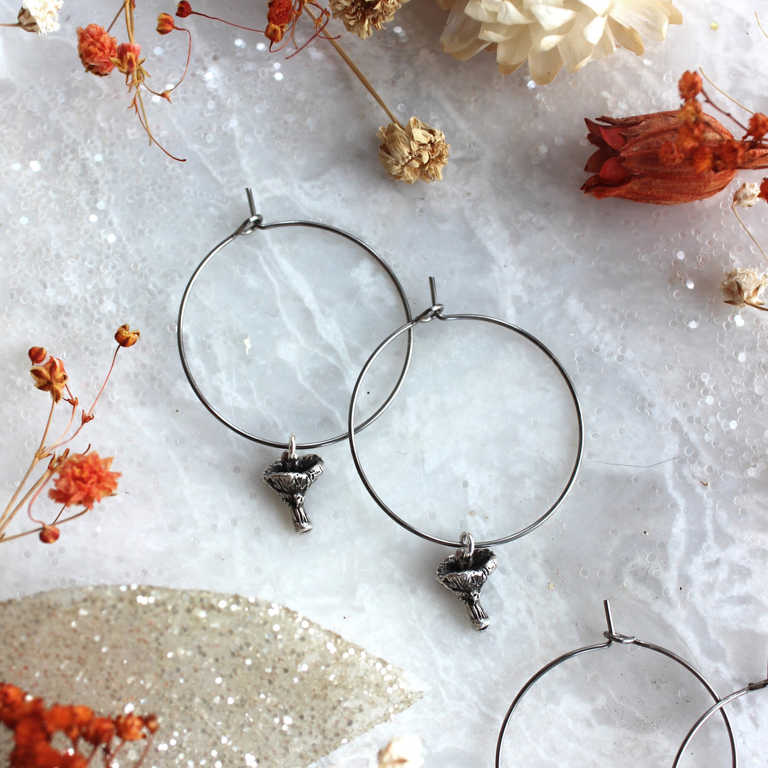 Chanterelle mushroom hoop earrings