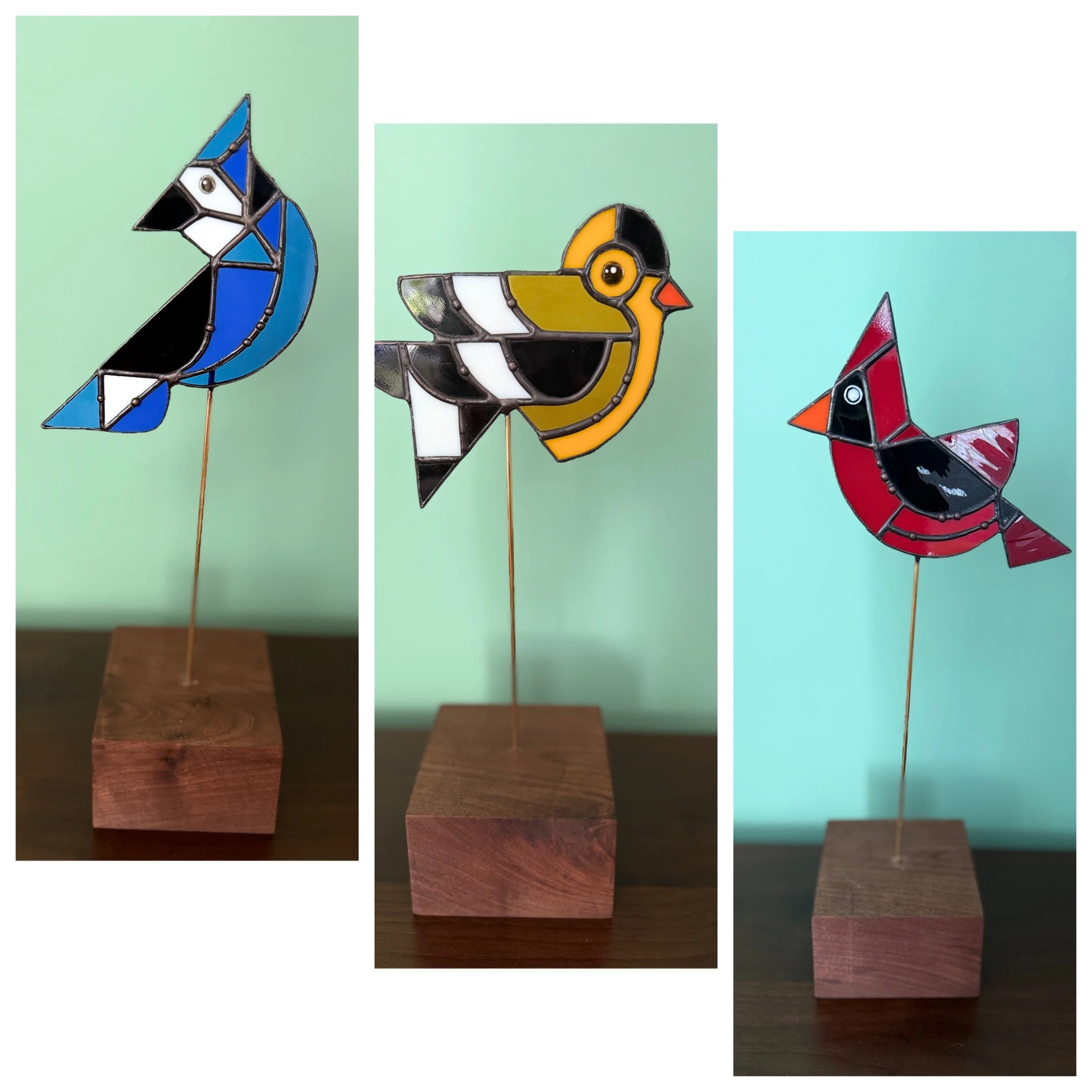 Bluejay, Goldfinch, Cardinal on Walnut Bases