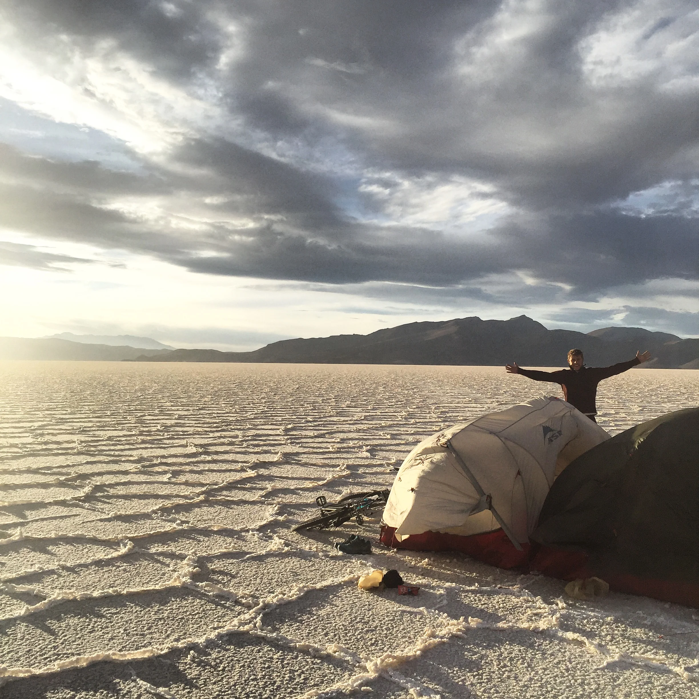 Camping on the Bolivian salt flats. Choosing a spot on this occasion was fairly simple.