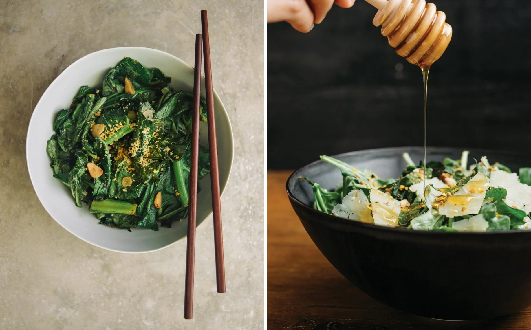 Side-by-side images of salads. The left shows a bowl of sautéed greens, possibly spinach, with chopped garlic and crushed nuts; chopsticks rest on the bowl. The right shows a green salad with cheese, topped with honey being drizzled from a honey dipp