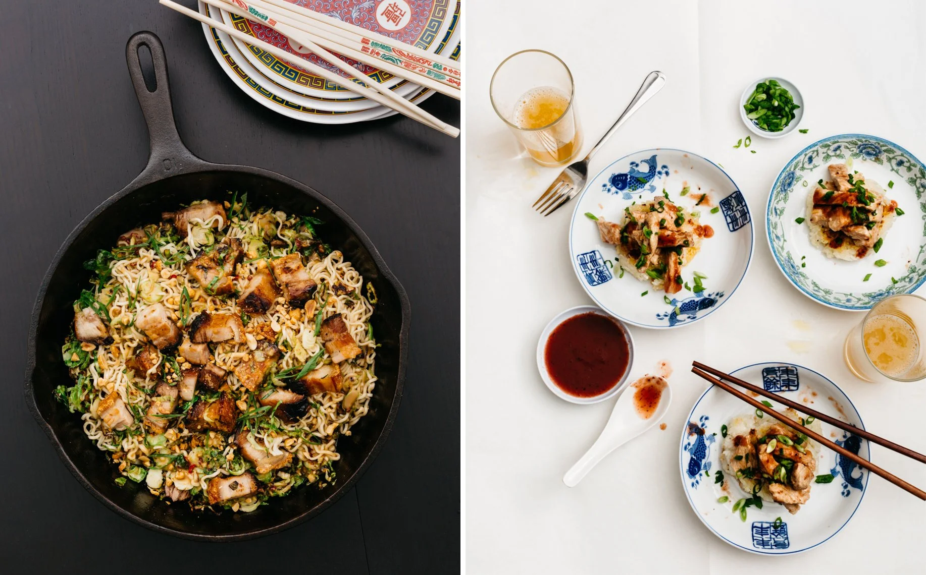 Split image showing Asian dishes. Left side features a wok of stir-fried noodles with pork and vegetables. Right side shows four plates with chicken and rice, small bowls of green onions and sauce, and glasses of beer.