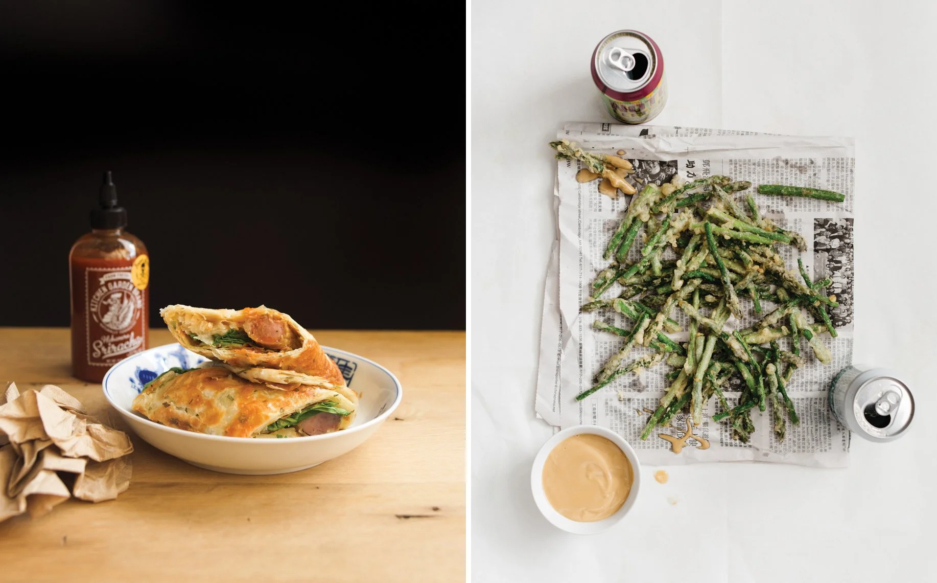 Left side: A plate with a slice of sausage and greens, hot sauce bottle, and crumpled paper on a wooden surface. Right side: Tempura green beans and peanuts on newspaper, two soda cans, and a small cup of dipping sauce.