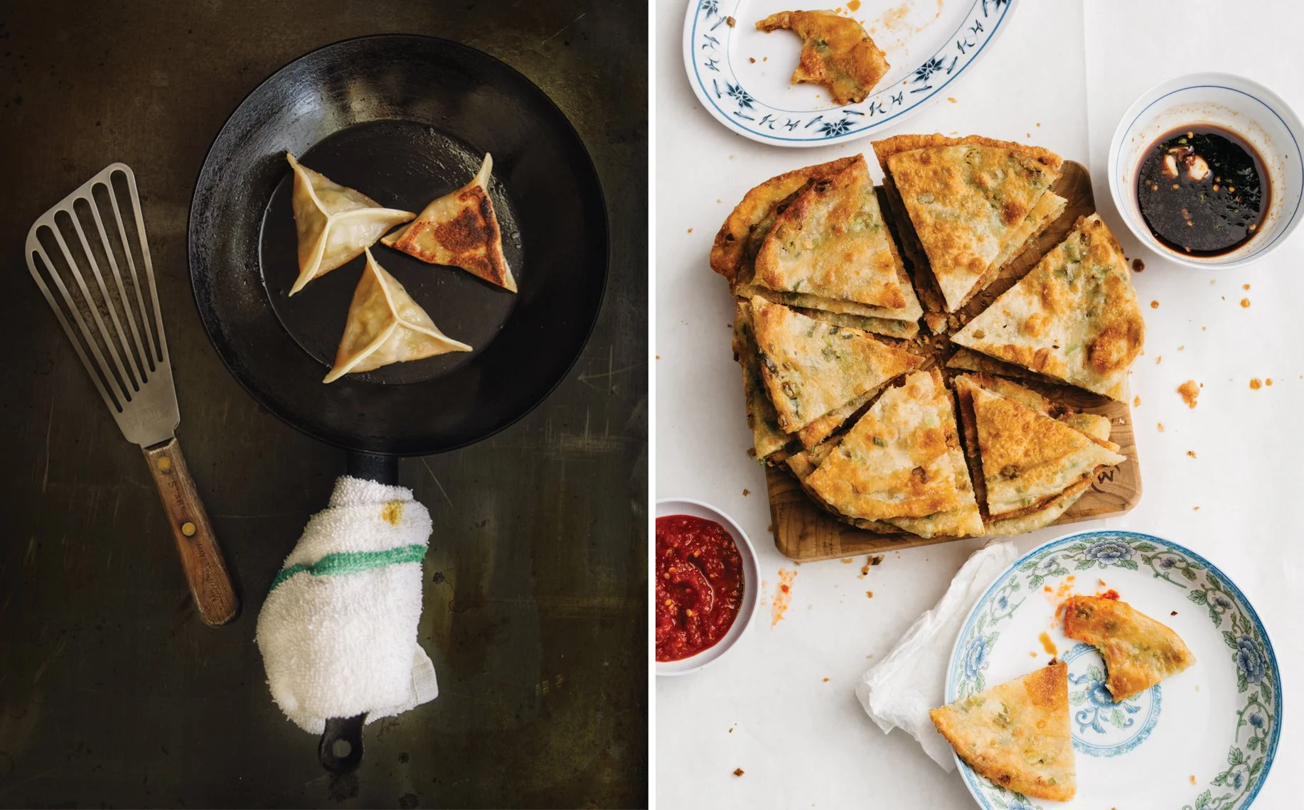 Left side shows three fried dumplings in a black pan with a spatula and a cloth; right side shows a sliced savory pancake with dipping sauces, one of which has a piece taken out, on a white table.