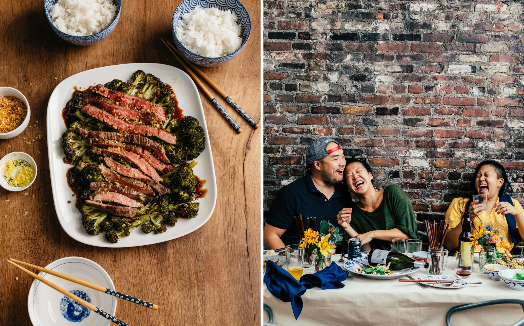 A table of Asian food with beef and broccoli, bowls of white rice, and small dishes of dipping sauces on a wooden table; people enjoying a meal and laughing together at a social gathering against a brick wall.