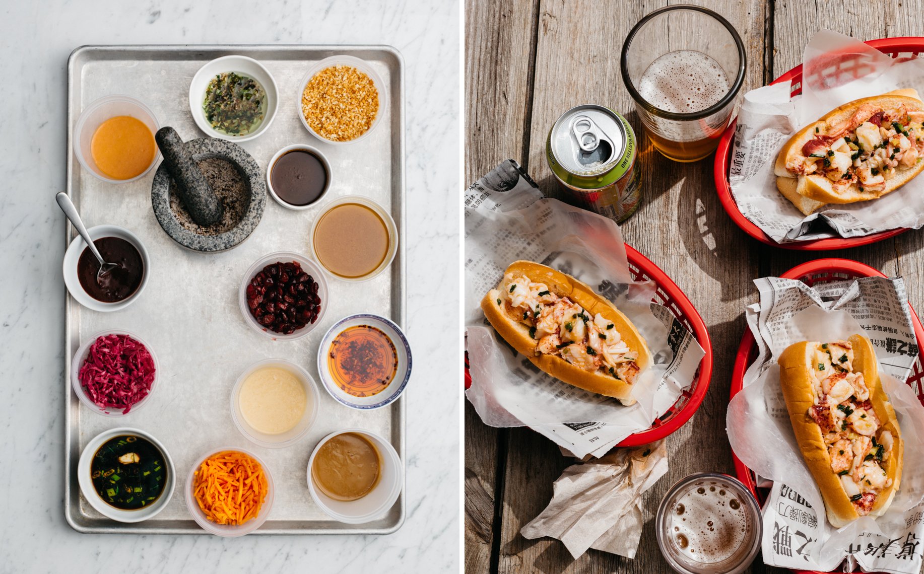 Two hot dog sandwiches in red baskets, with soda and beer drinks on a wooden table.