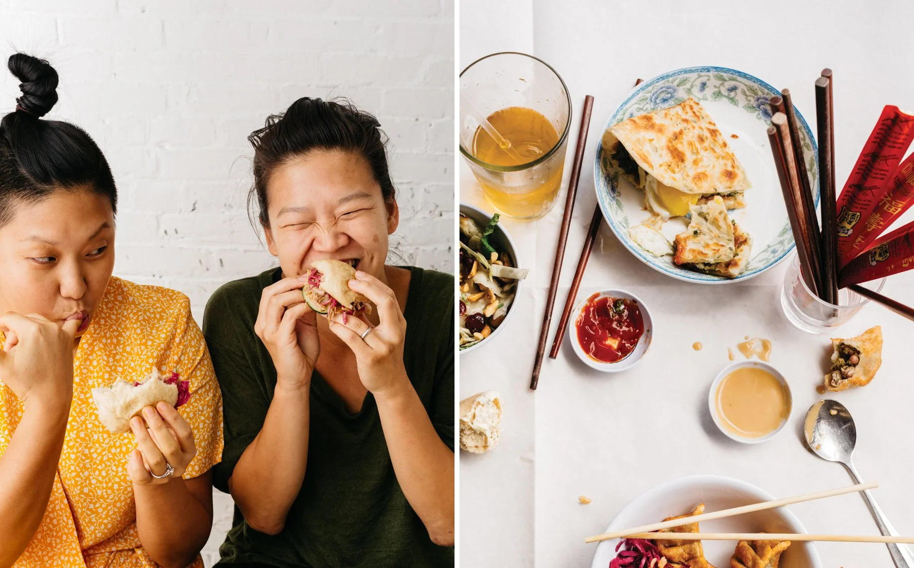 Side-by-side images of people eating Asian food. The left shows two women enjoying sandwiches; the woman on the right is smiling with her eyes closed. The right shows a table with partially eaten Asian dishes, including fried food, a bowl of soup, dr