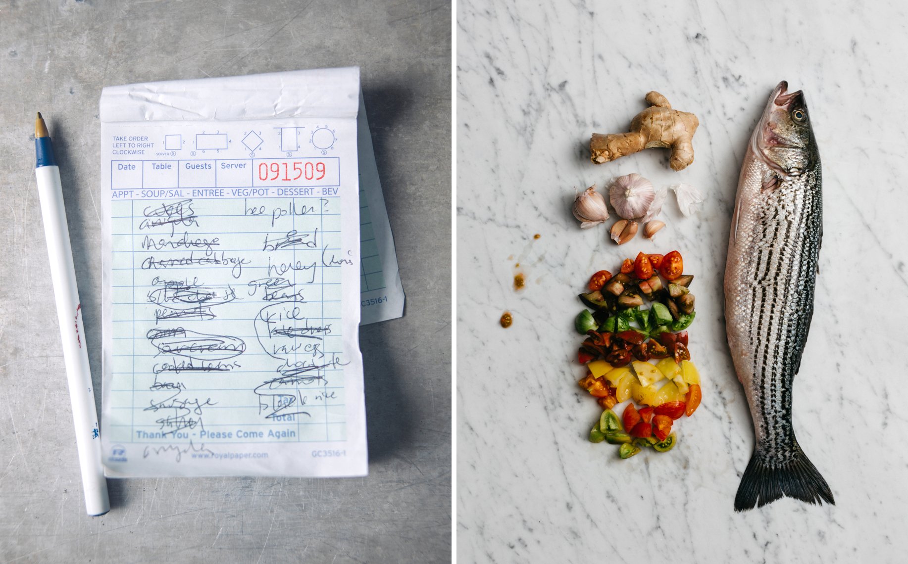 Order ticket on the left and a fish with chopped vegetables, garlic, ginger, and fish on the right.
