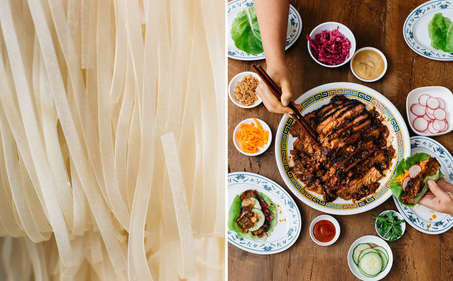Close-up of uncooked rice noodles on the left side and a table with various Asian dishes including grilled meat, vegetables, and dipping sauces on the right side.