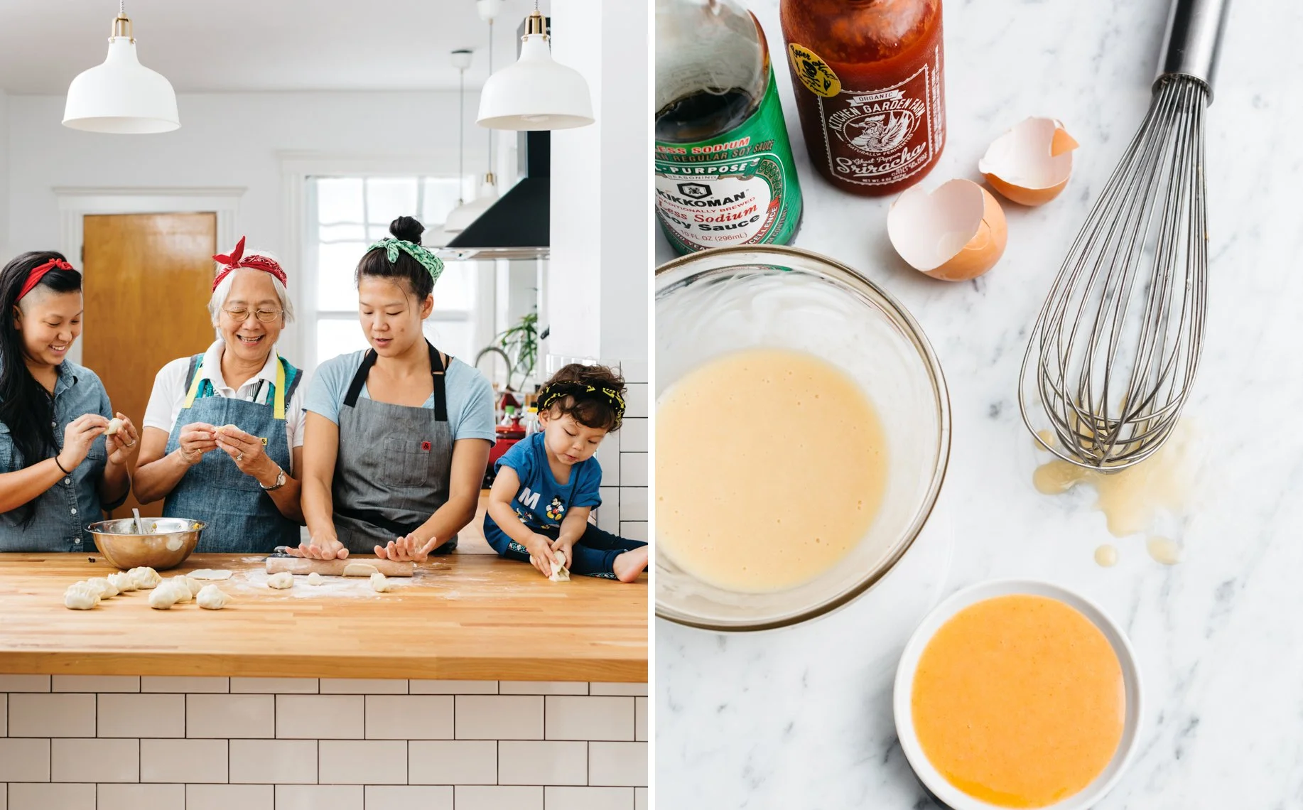 A group of five people, including two children and three women of different ages, are baking together in a kitchen with a wooden counter, flour, and dough. The right side shows ingredients and utensils, including eggs, soy sauce, ketchup, a whisk, an
