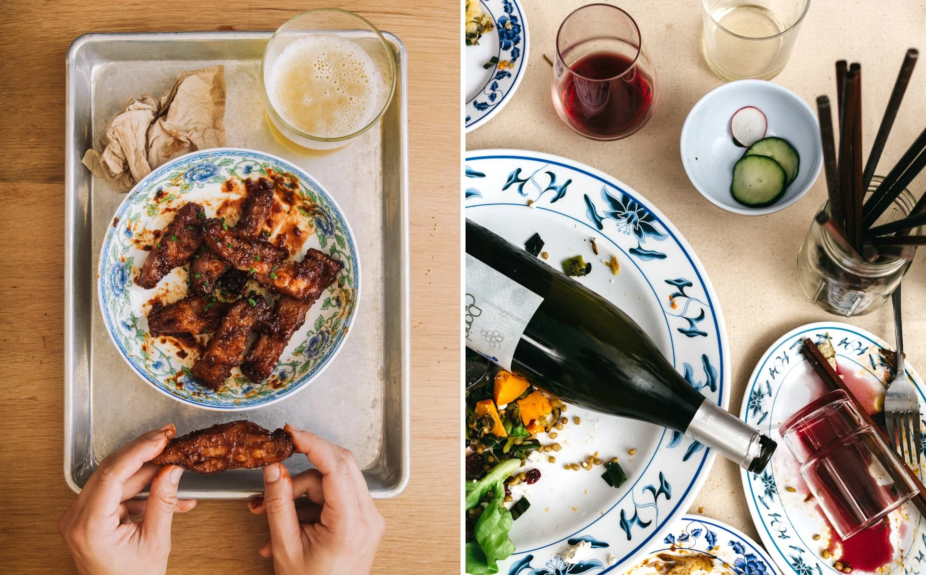 Left side: empty Asian-style plate with fried ribs and a glass of beer on a metal tray on a wooden table, with hands holding a leftover rib. Right side: partially eaten Asian dish with vegetables and rice, with a wine bottle and glasses, and small bo