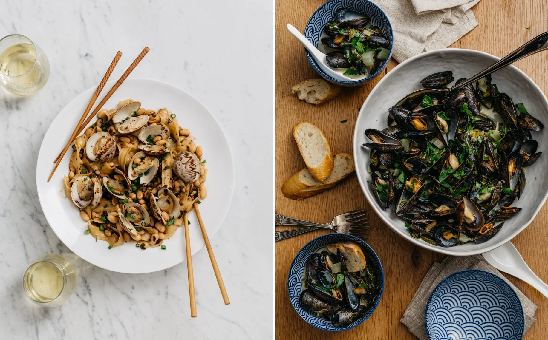 Two side-by-side images of seafood dishes. The left shows a plate of pasta with clams and beans, with chopsticks and glasses of white wine. The right shows a bowl and small dishes of mussels cooked with herbs, with bread slices, forks, and blue patte
