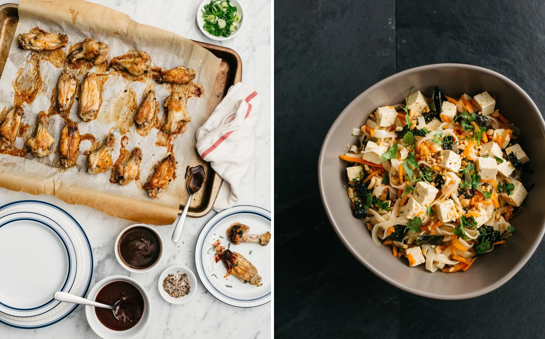 Left side shows cooked chicken wings on parchment paper with dipping sauces, plates, and a small bowl of green onions. Right side shows a bowl of Asian noodle salad with cubes of tofu, shredded carrots, seaweed, and cilantro.