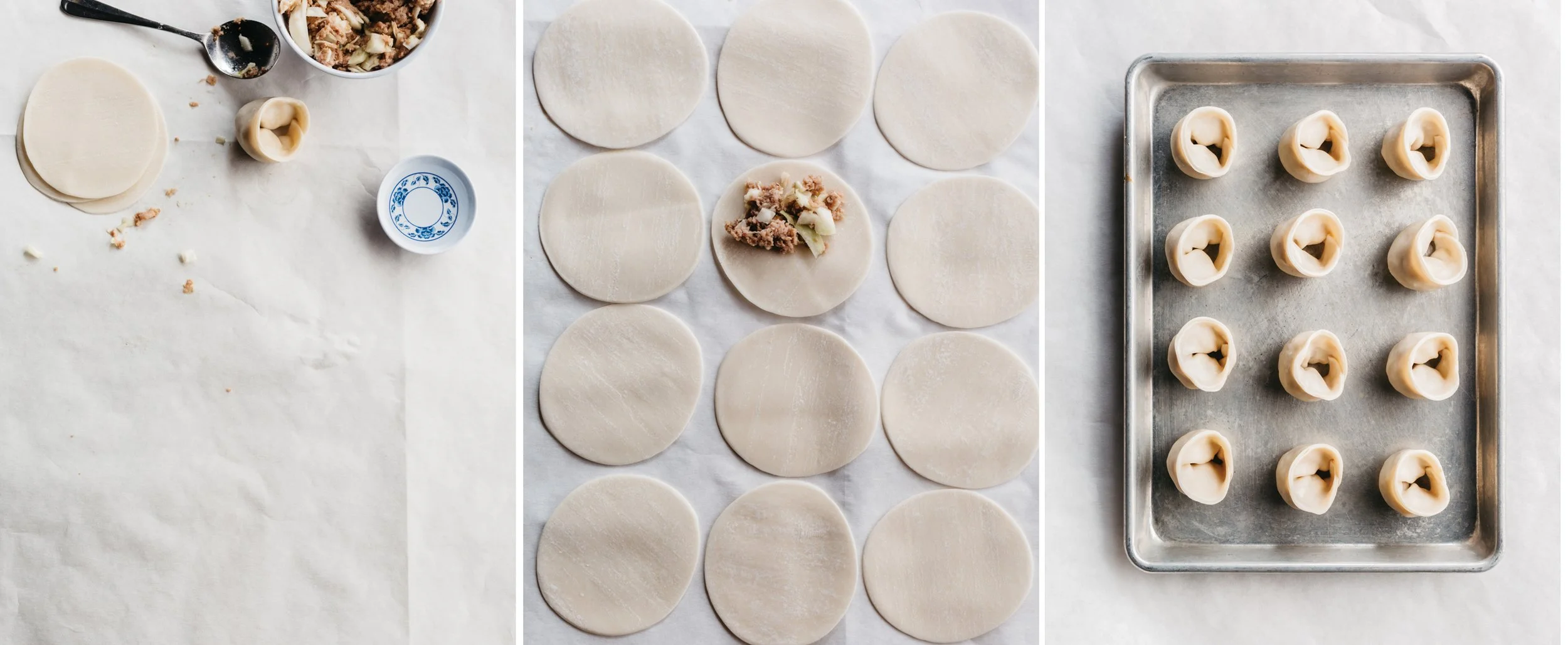Steps of making dumplings: filling and wrapping dough, arranged on parchment paper, filled dumplings on a baking tray.