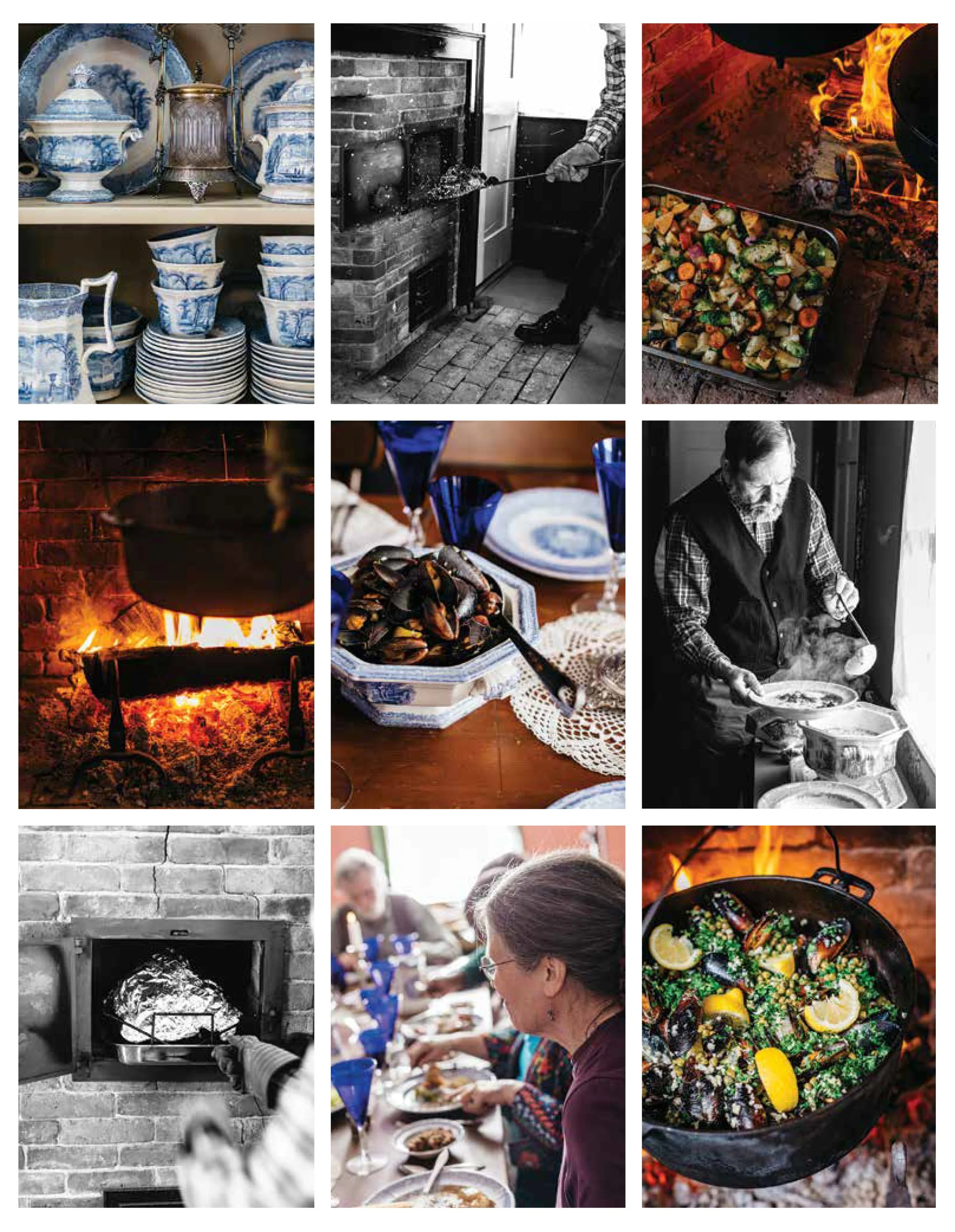 Collage of nine images depicting food preparation and dining, including porcelain dishes, a person tending a fireplace, a fire with vegetables, a pot over a fire, a bowl of cooked seafood, a person serving food, a woman eating, a brick oven, and a gr
