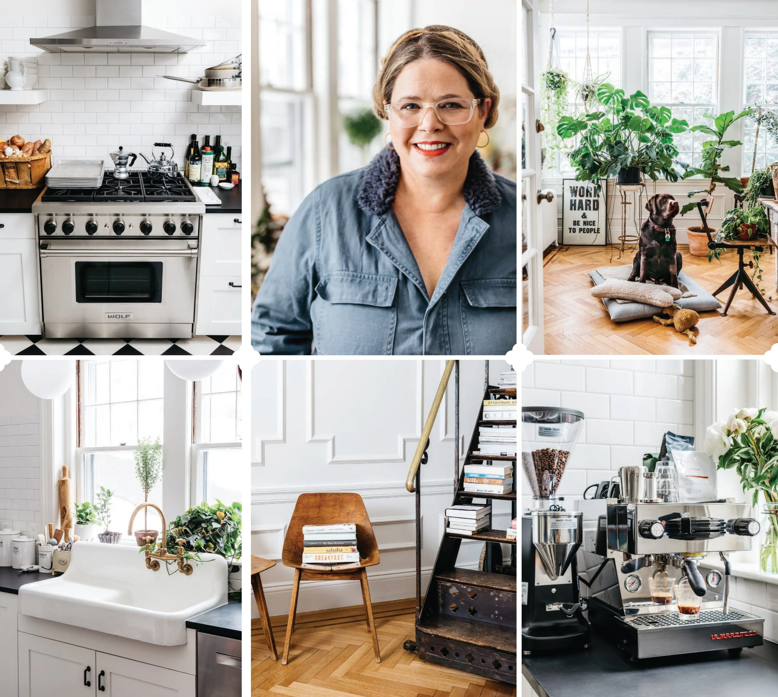 Collage of six images featuring a kitchen and home interior scenes. Includes a white oven, a smiling woman with glasses and a denim jacket, a dog and plants in a sunlit room, a farmhouse sink with plants, a wooden chair with books, and a coffee espre