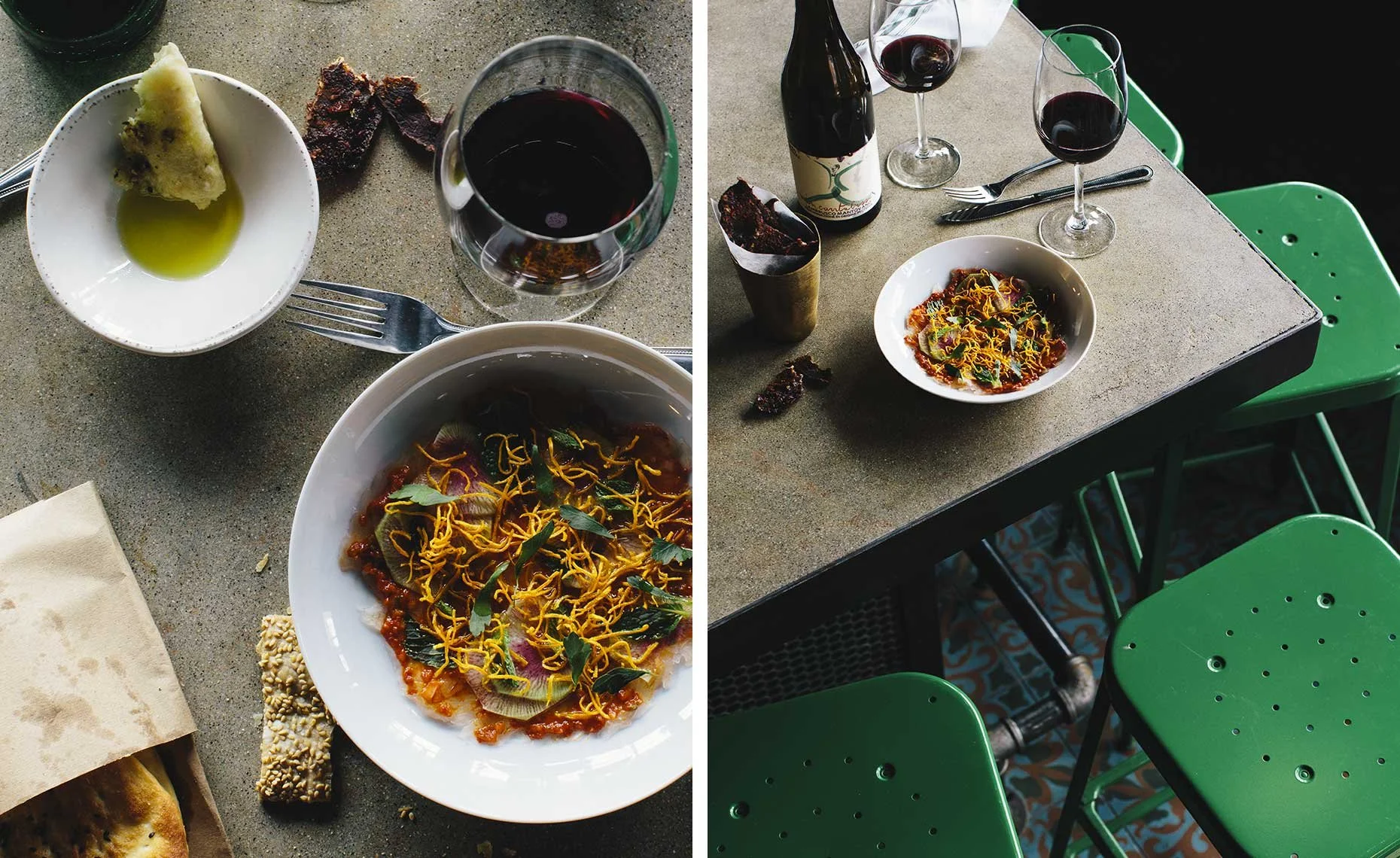 A split view of two dining tables with dishes and drinks. The left side shows a plate of nachos topped with cheese and herbs, a glass of red wine, a small dish with a wedge of bread and a green sauce, and a BBQ rib. The right side displays an empty t