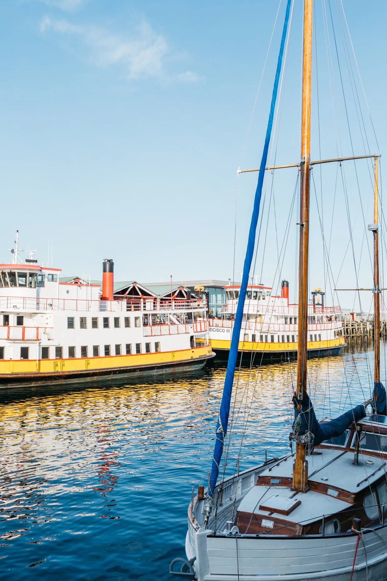 A marina with several white and yellow passenger ferries docked alongside a wooden sailboat with a tall mast.