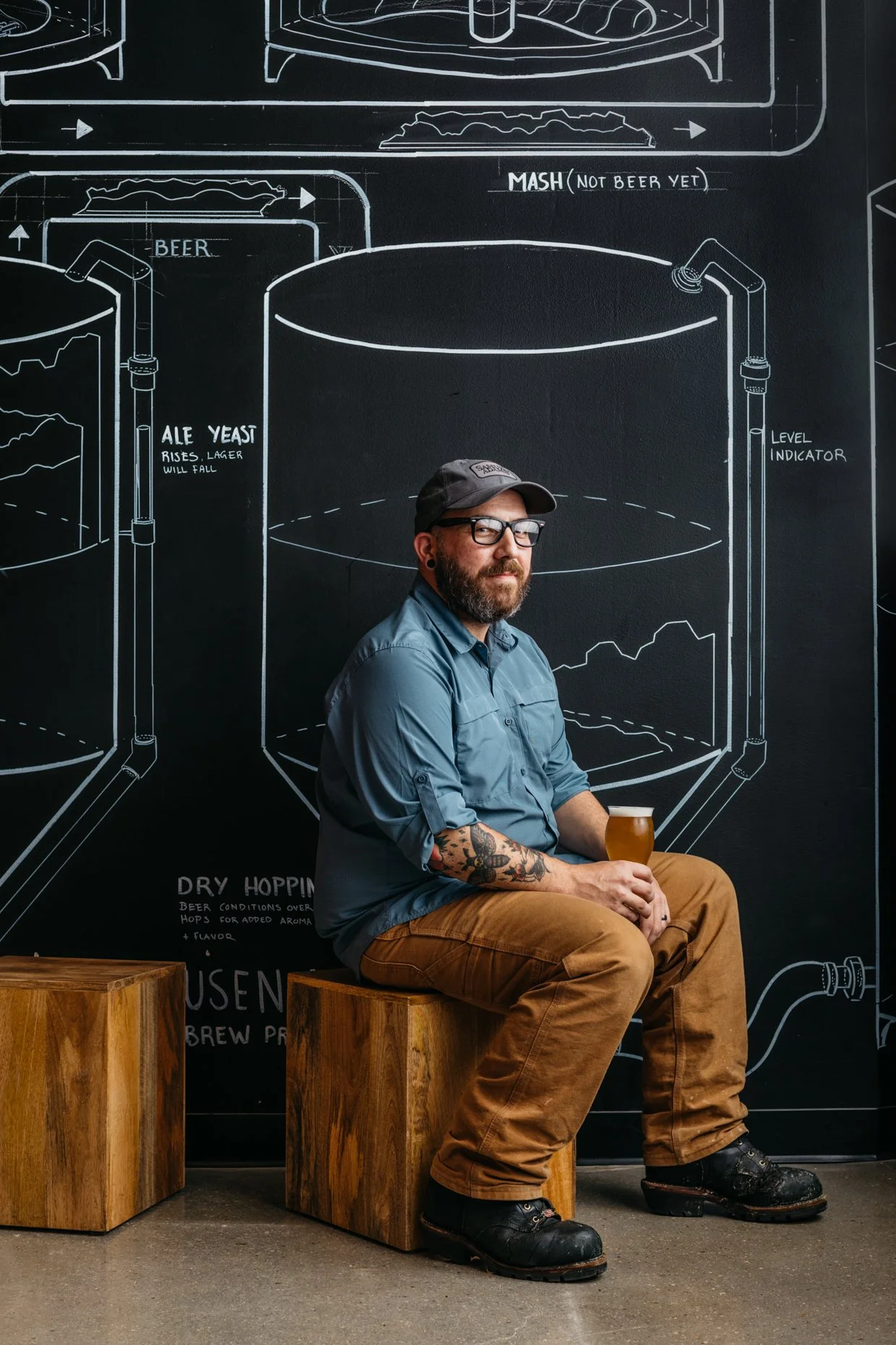 A man with glasses and tattoos sitting on a wooden block, holding a beer, in front of a black chalkboard wall with white brewing process illustrations.