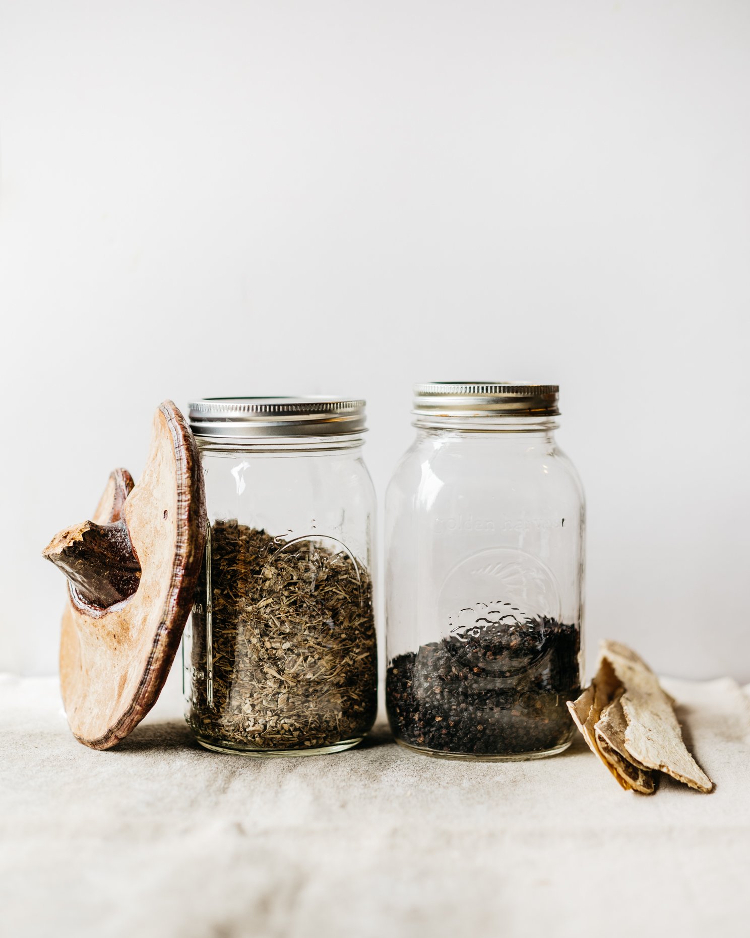 Two glass mason jars with metal lids containing dried herbs and spices, with dried wood mushroom slices placed outside on a neutral fabric surface against a plain white background.