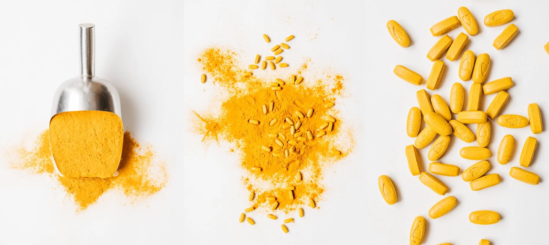 Orange powder and supplement capsules spread on a white surface with a metal spatula.