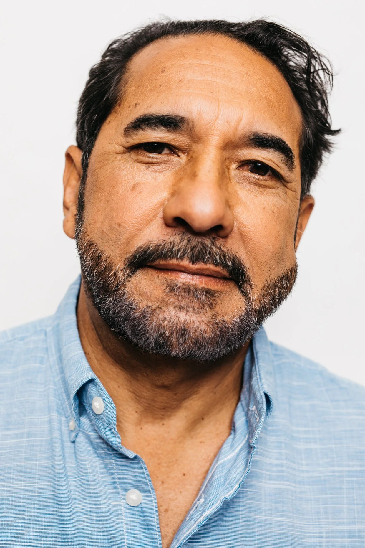 Close-up portrait of a middle-aged man with dark hair, graying beard, and wearing a light blue collared shirt.