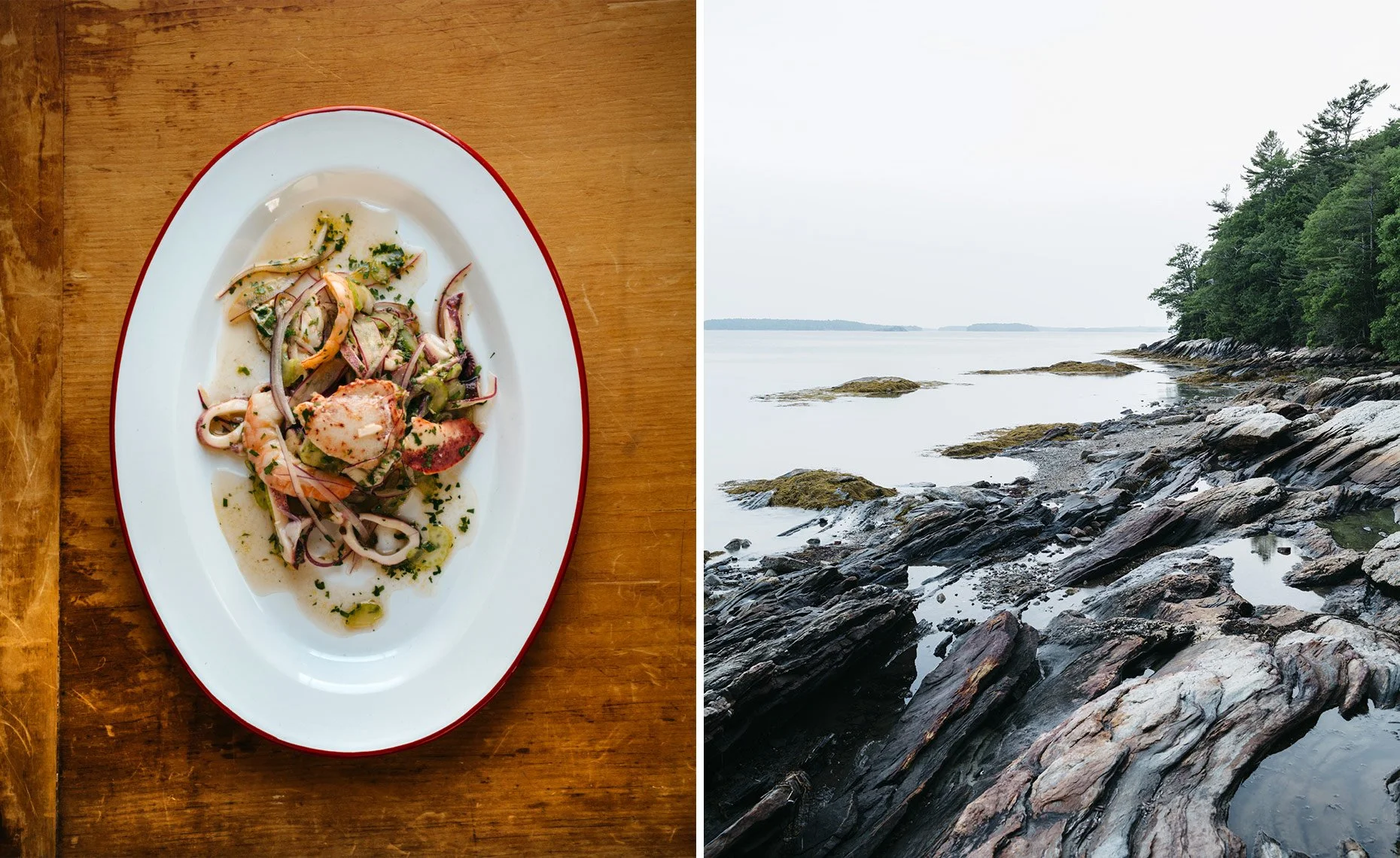 A white oval plate with seafood salad on a wooden table, and a rocky shoreline with water and trees in the background.