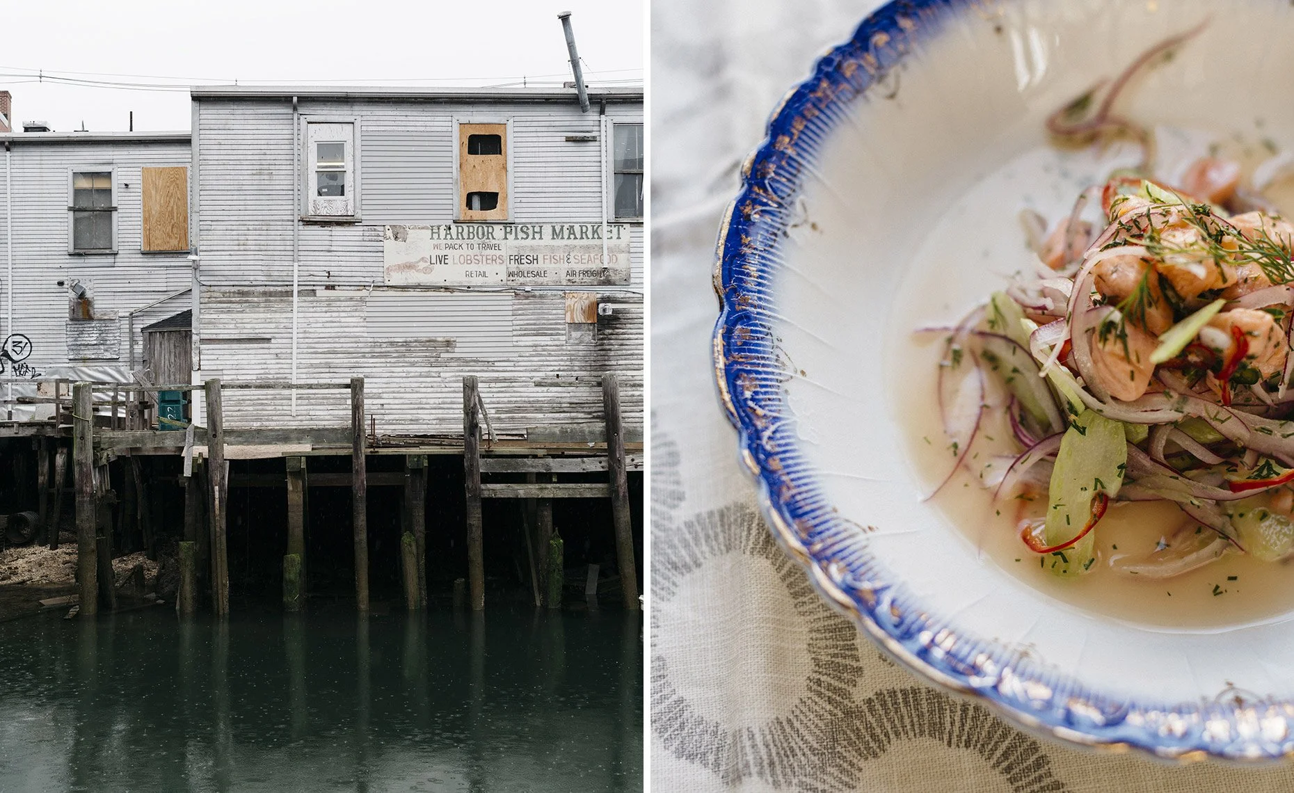 Side-by-side images of a weathered wooden fish market building by the water and a bowl of seafood salad with herbs.