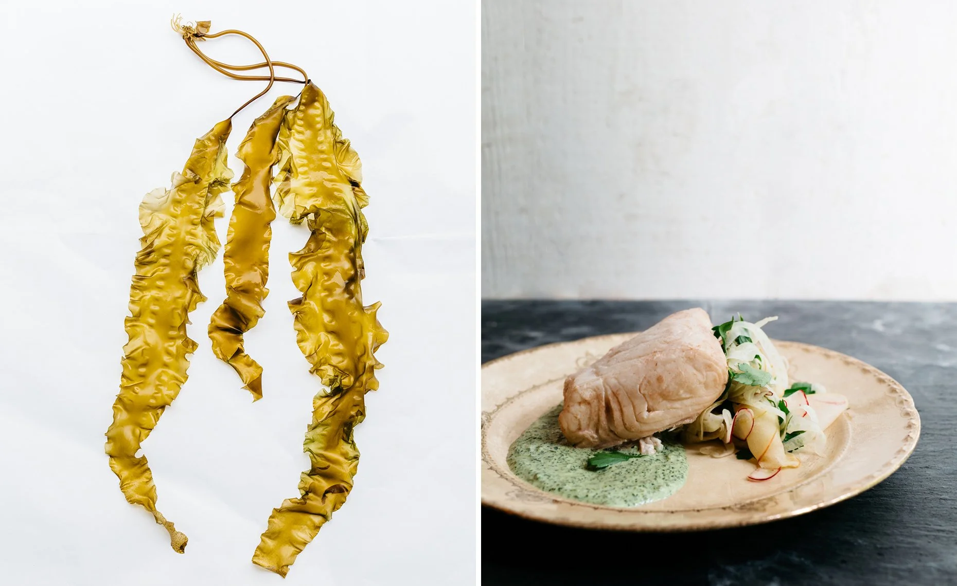 Dried seaweed strips on the left, cooked fish fillet with green sauce and vegetable garnish on a beige plate on the right.