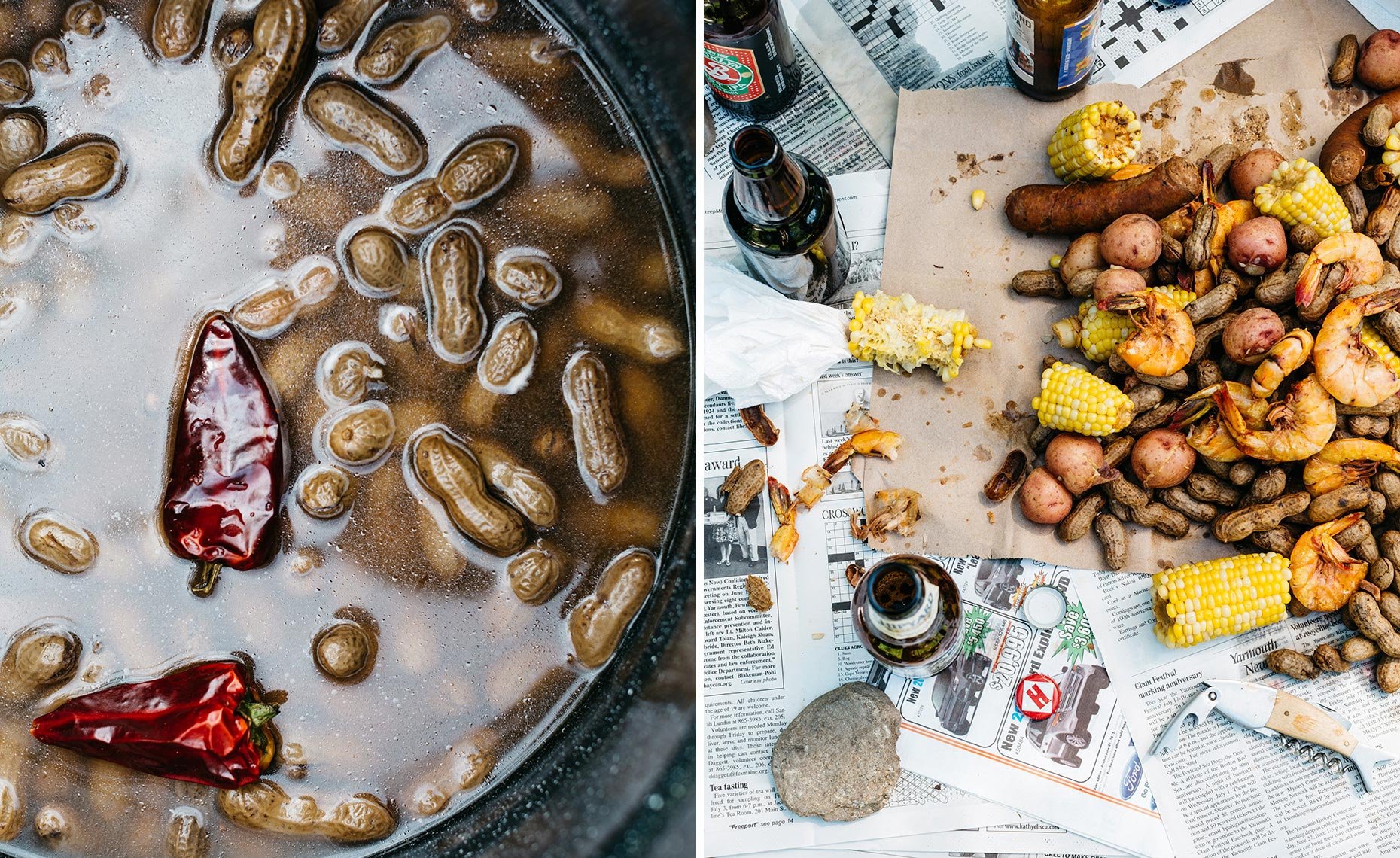 Left side shows spicy pickled jalapeño peppers and dried red chili peppers in brine. Right side shows a messy outdoor table with boiled corn on the cob, boiled potatoes, raw shrimp, peanuts in shells, bottled beer, a cork, a bottle opener, and crumpl