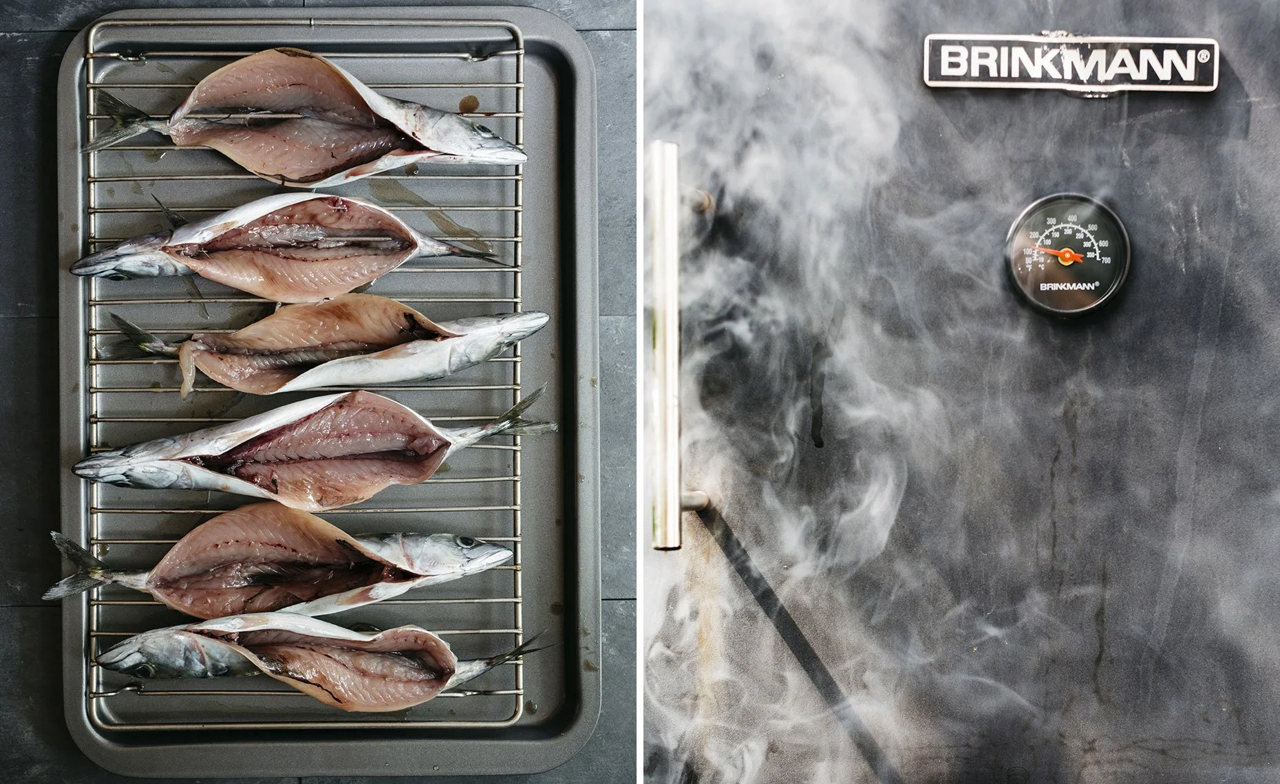 Fresh fish filleted on a stainless steel tray in a kitchen, and a black smoker with a thermometer, smoke rising from the smoking chamber.