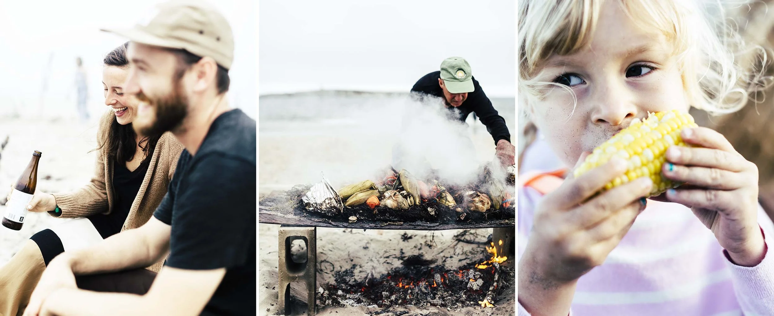 A collage of three images showing outdoor activities: the first features two people sitting on the beach smiling and talking, the second shows a person grilling food over an open fire on the beach, and the third depicts a young girl eating corn on th
