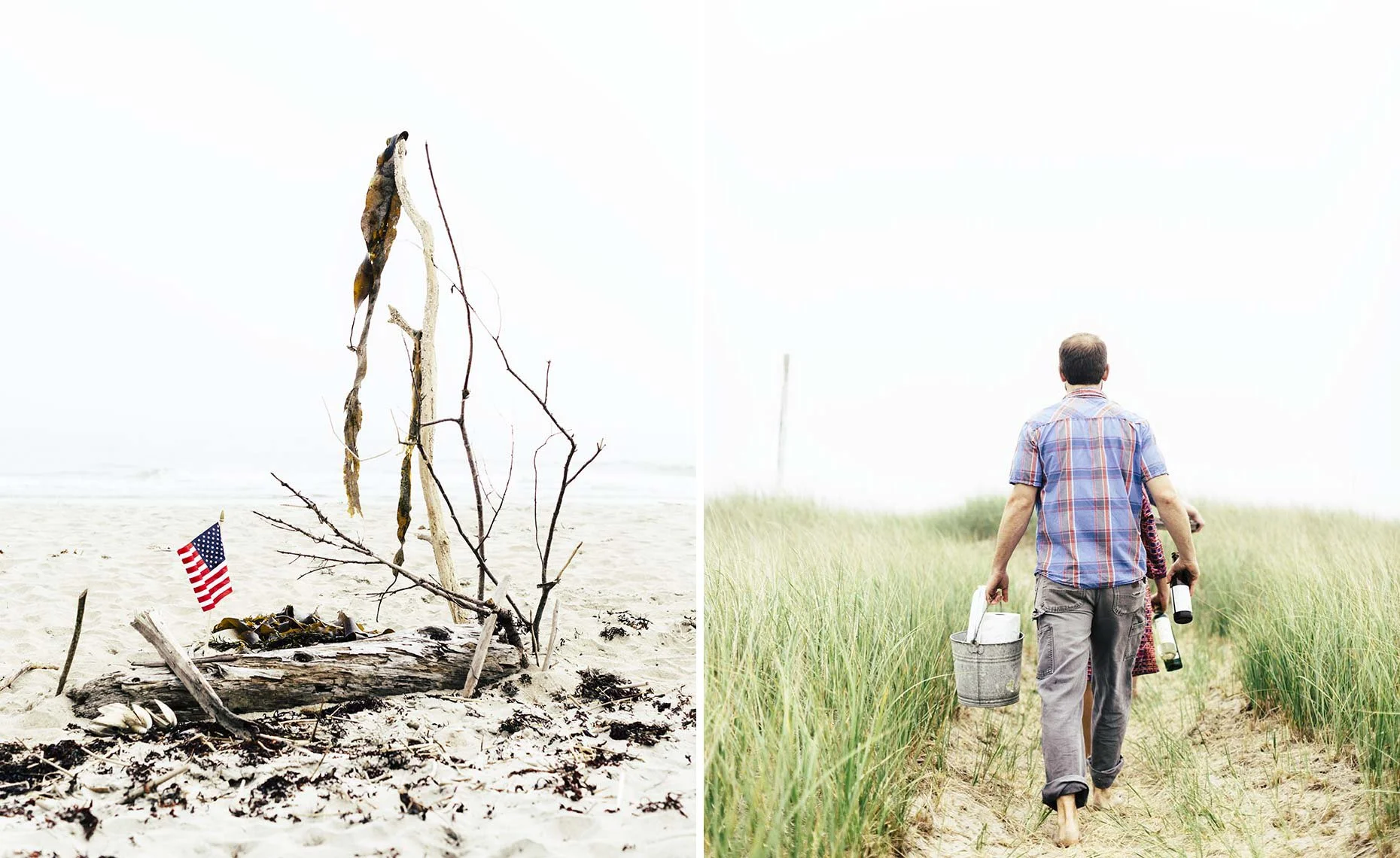 Left side: Debris and an American flag on the sandy beach, with driftwood and dried seaweed. Right side: Man walking through grassy dunes holding a bucket and water bottles.