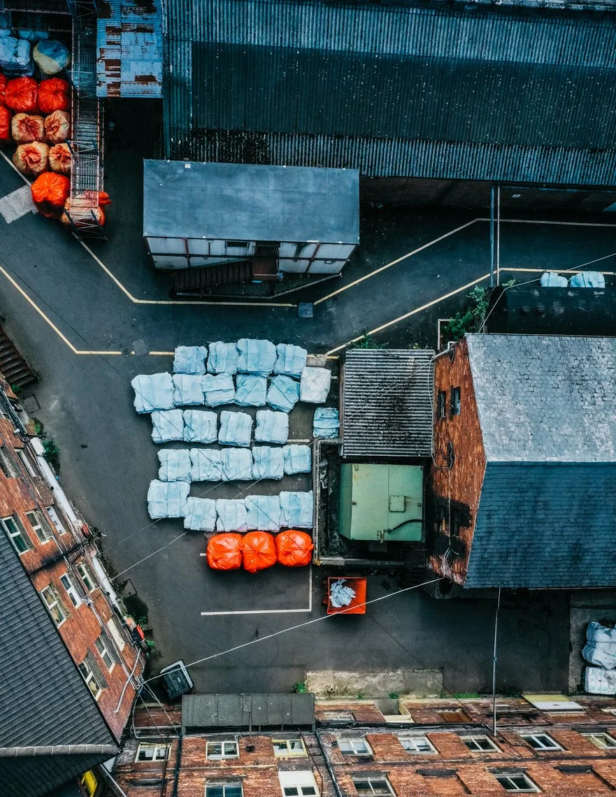 Aerial view of a tannery with stacks of leather hide '"blues".