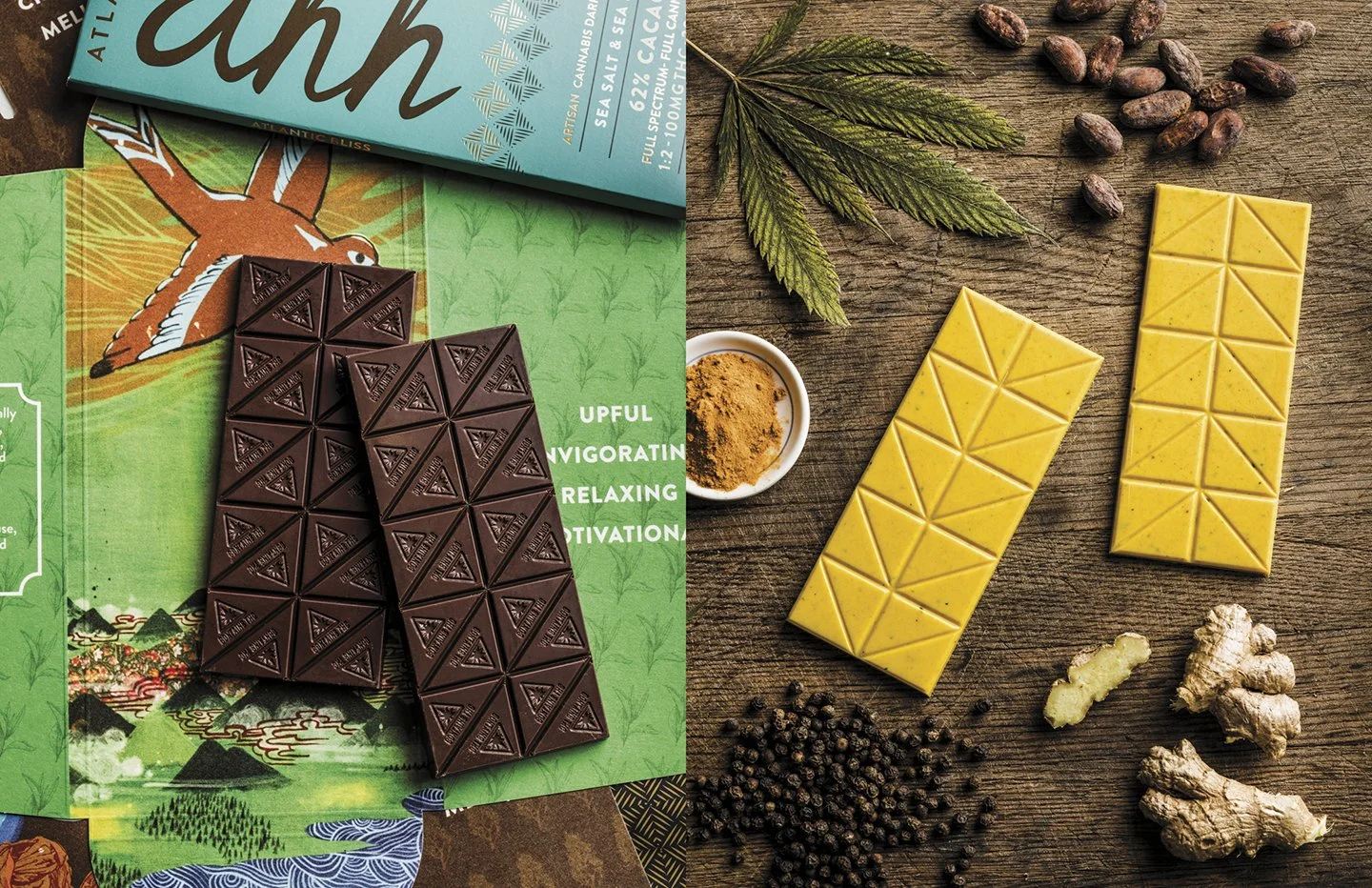 Assorted chocolates and ingredients laid out on a wooden surface. On the left, dark chocolate bars with triangular patterns over colorful packaging. On the right, yellow turmeric chocolate bars, fresh ginger root, black peppercorns, and a small bowl 