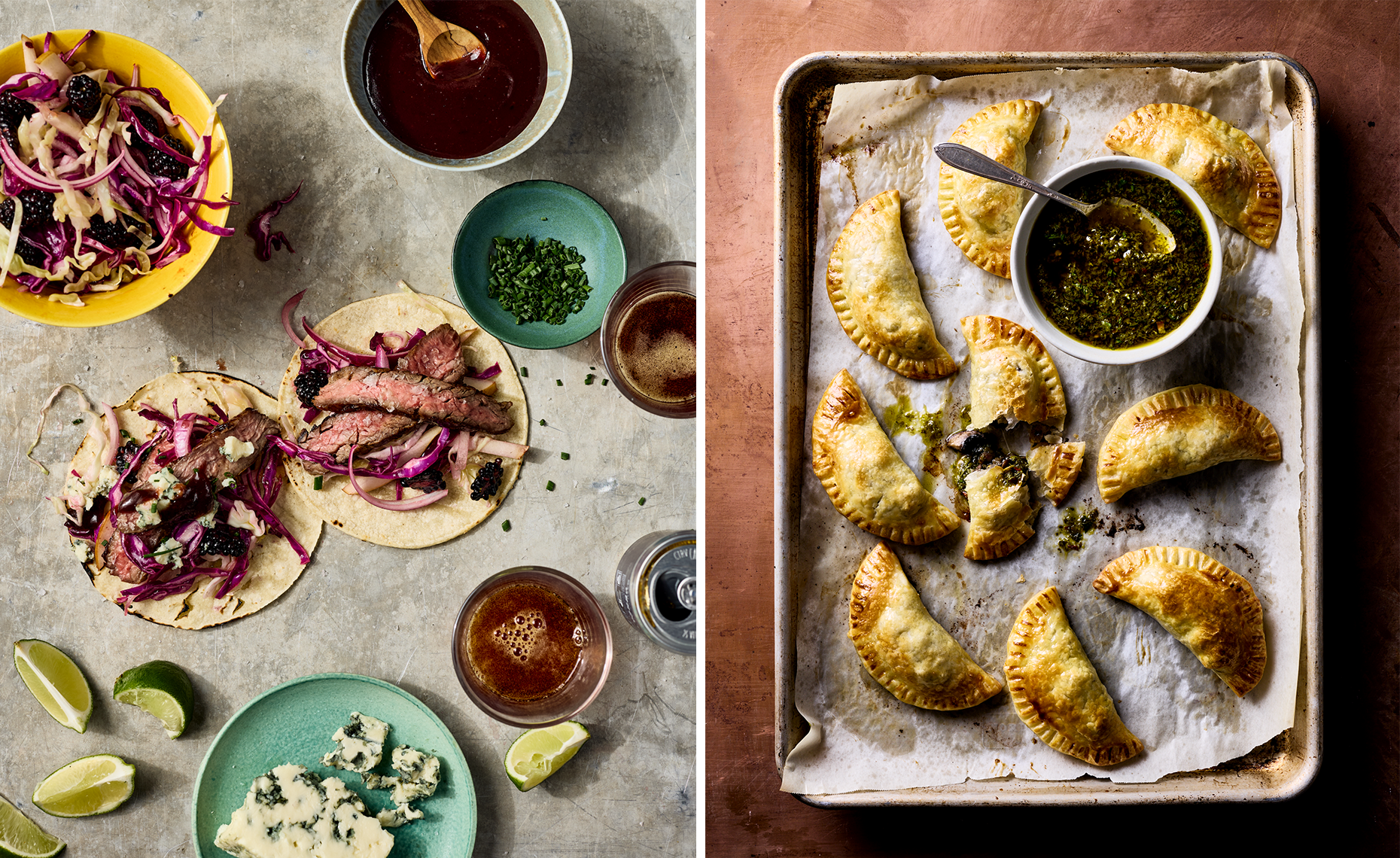 Left side shows a table set with tacos topped with beef, onions, and blackberries, bowls of sauce, lime wedges, blue cheese, and beer. Right side displays baked empanadas with a green dipping sauce on a parchment-lined baking sheet.