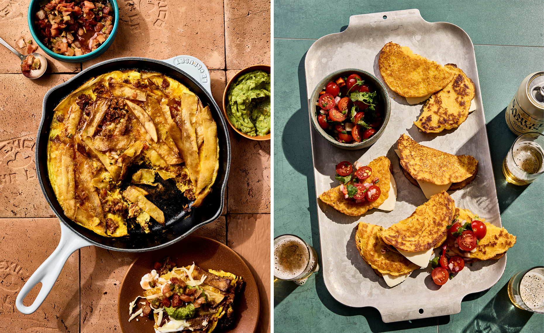 Split image showing a baked dish with pasta and meat, and a plate of fried quesadillas with cherry tomato salad and beer.