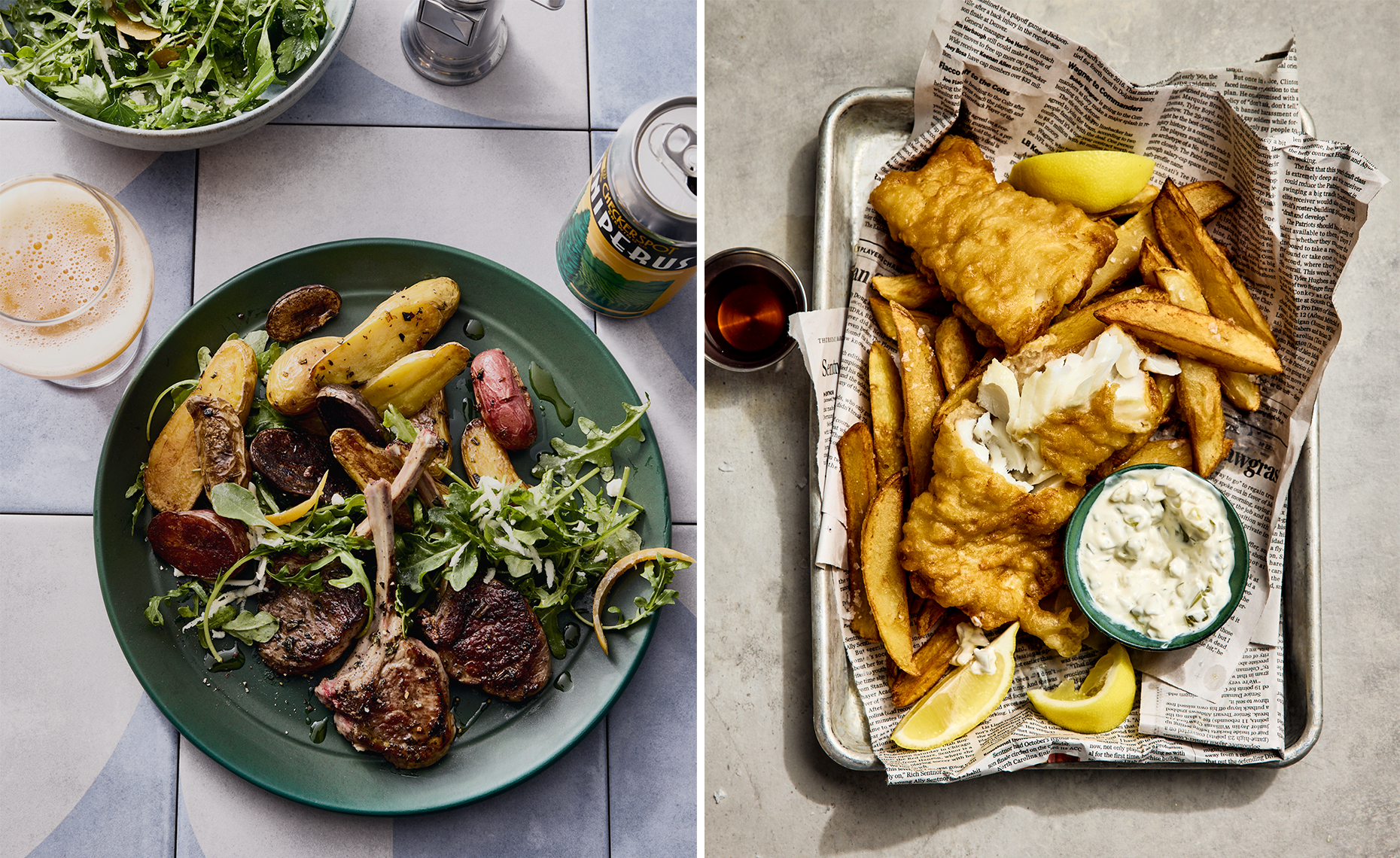 Side-by-side images of food: on the left, a plate with lamb chops, roasted potatoes, and a mixed greens salad, with a glass of beer and a can of sparkling water nearby; on the right, a tray of fish and chips with lemon wedges, tartar sauce, and a sma