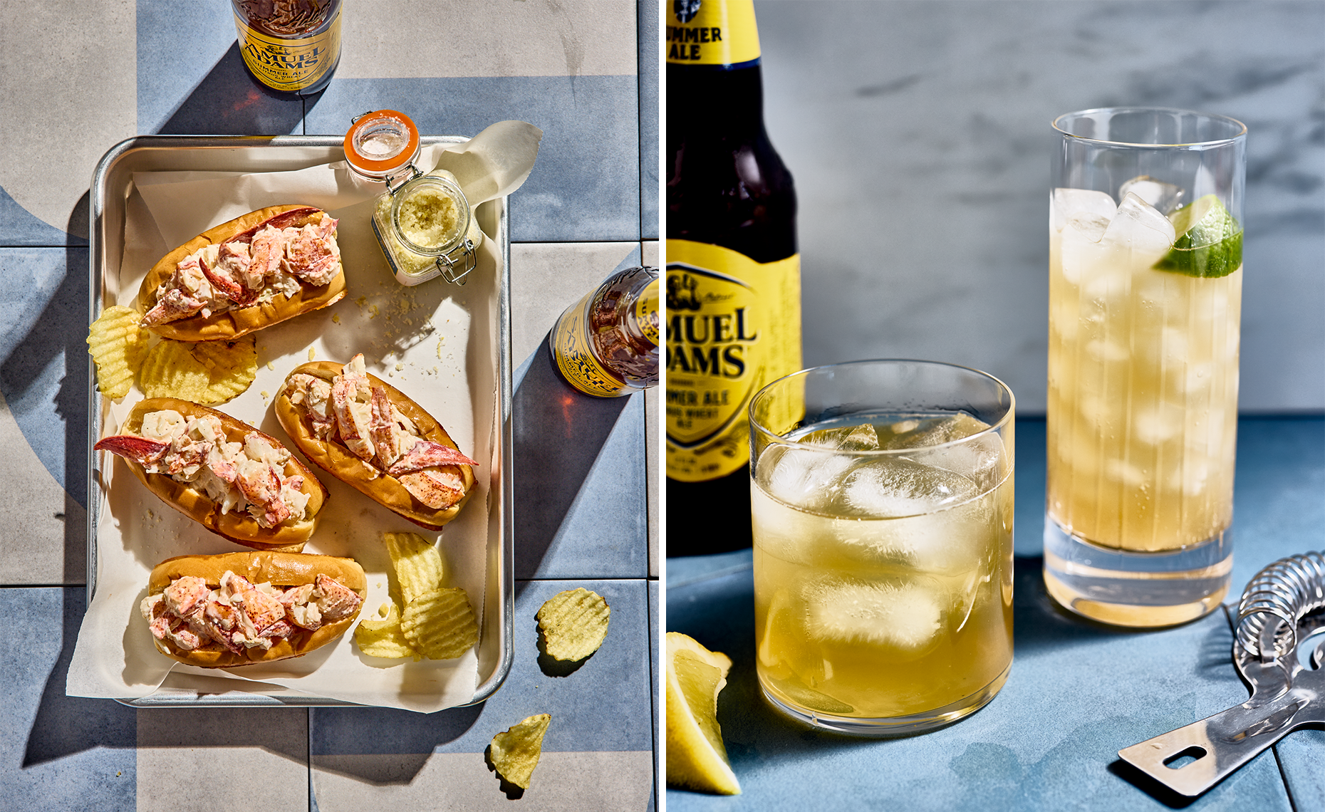 Hot dog sandwiches with potato chips on a tray, and two glasses of lemonade with lemon slices and ice, along with a bottle of Samuel Adams Summer Ale beer.