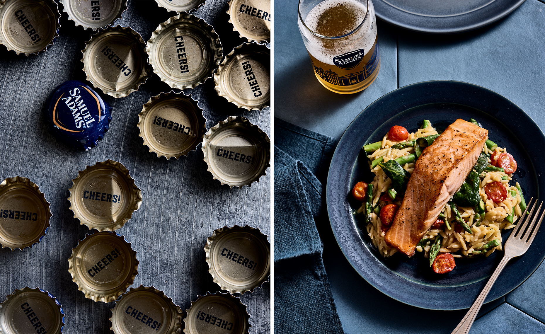 Left side: Scattered bottle caps, mostly gold with the word 'CHEERS!' printed. One blue bottle cap with 'SAMUEL ADAMS' branding. Right side: A plate of pasta with spinach, cherry tomatoes, and a piece of grilled salmon, accompanied by a glass of beer
