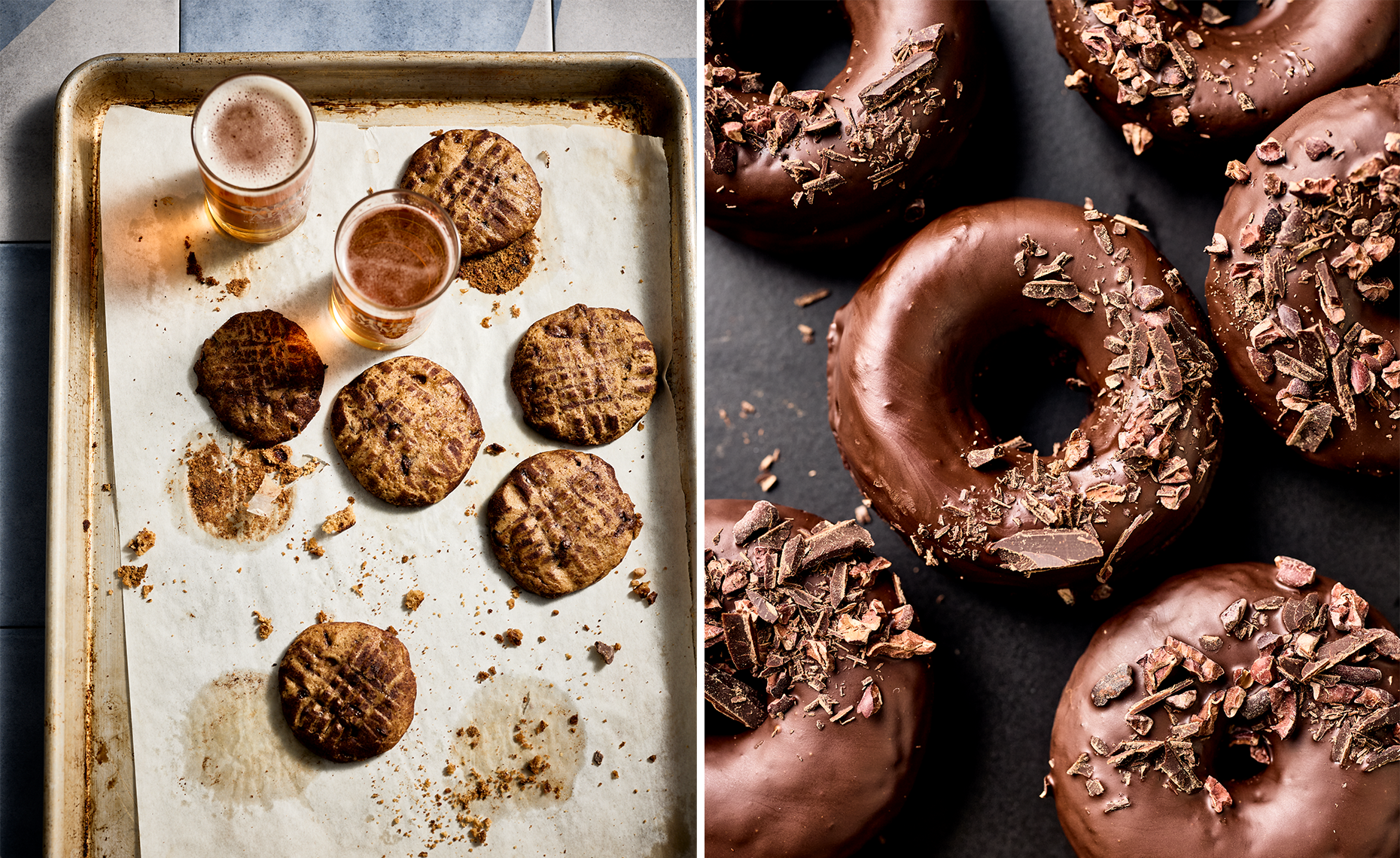 A side-by-side image of baked cookies and glass of beer on the left, and chocolate donuts with chocolate shavings on the right.