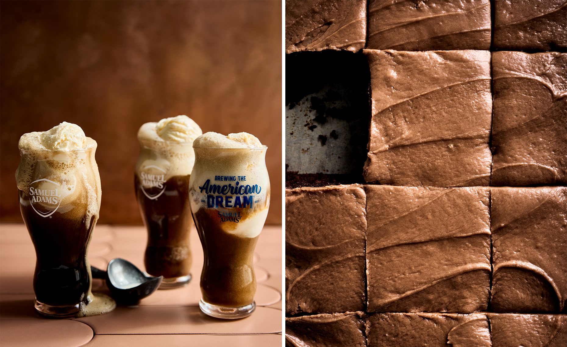 Three glass of beer and ice cream floats, with Samuel Adams branding, and a close-up of chocolate fudge brownies.